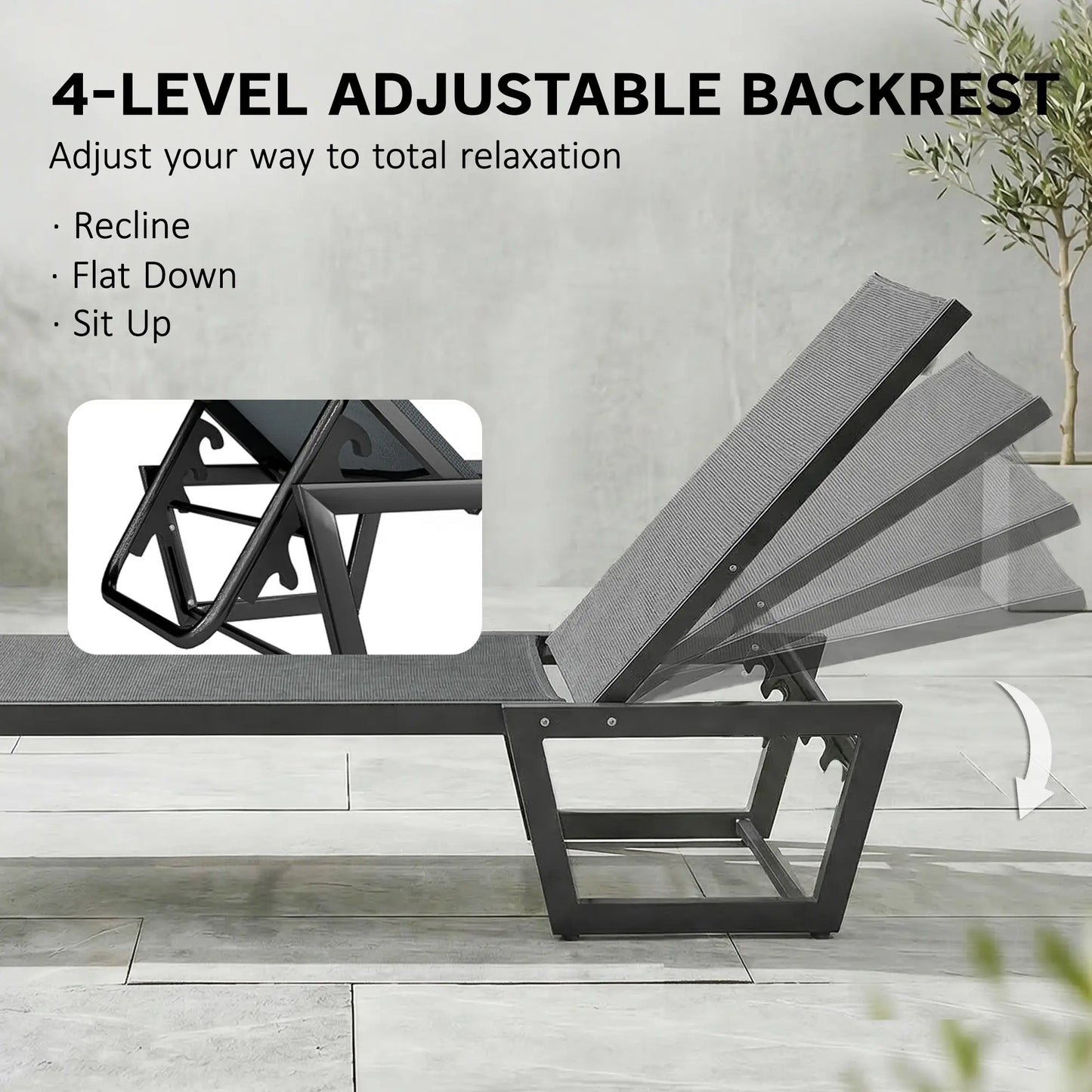 63 cm Wide Outdoor Lounge Chair, 4-Position Tanning Lounger, Dark Grey Lounger Chairs at Gallery Canada