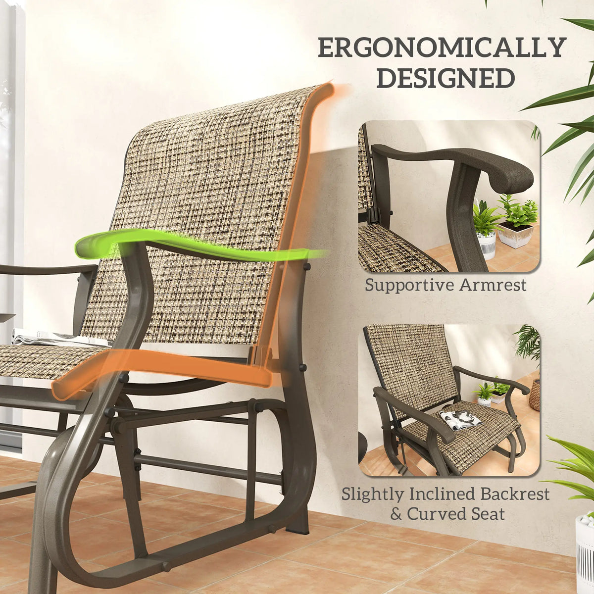 Outdoor Glider Chair, Steel Frame Mesh Fabric, Light Mixed Brown, Brown Outdoor Gliders at Gallery Canada