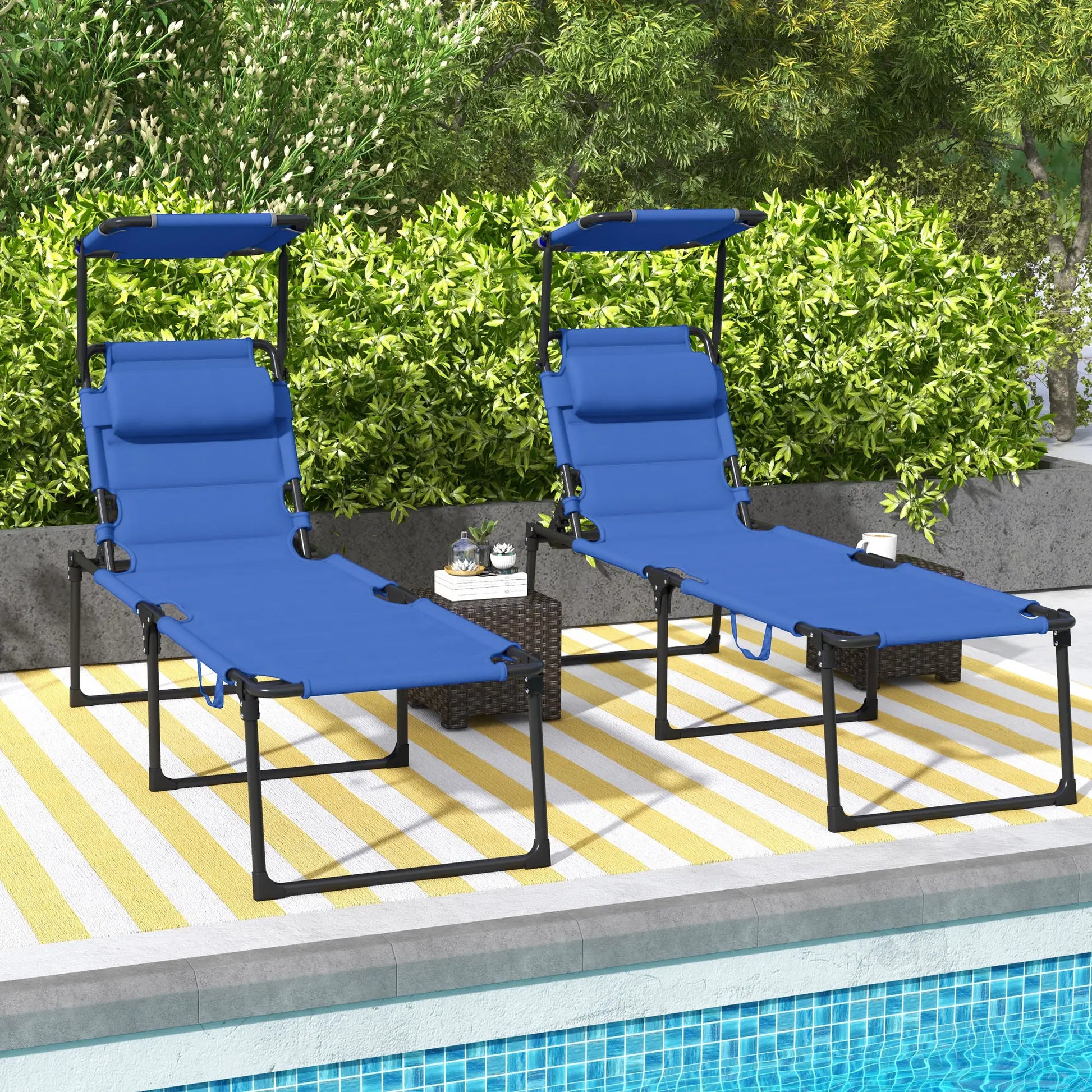 Folding Chaise Lounge, Adjustable Sunroof, Quick Dry Padded, Outdoor, Blue Lounger Chairs at Gallery Canada