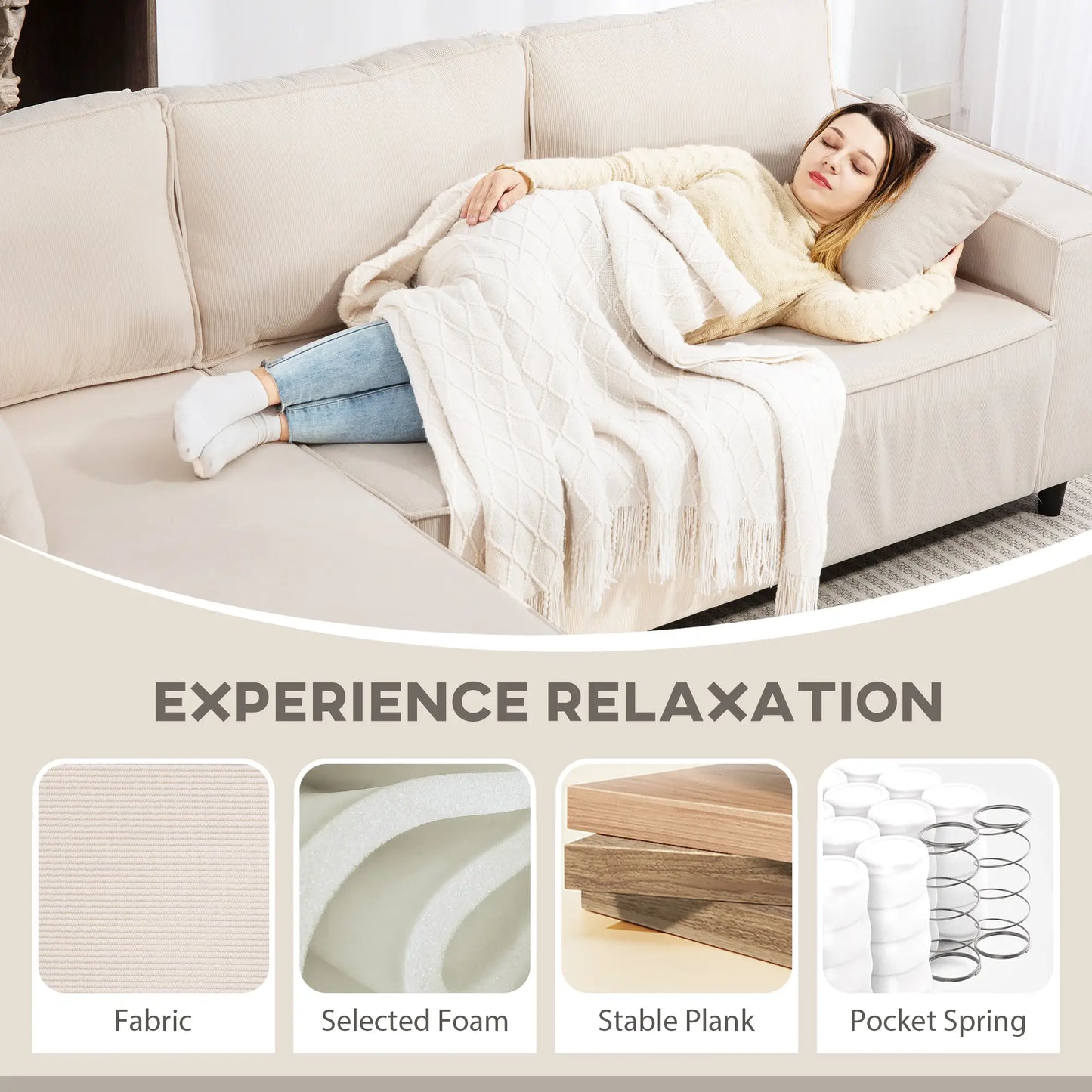 Corner Sofa, L-Shaped Sectional, Corduroy, Pocket Spring, Cream White Sofas & Reclining Chairs at Gallery Canada