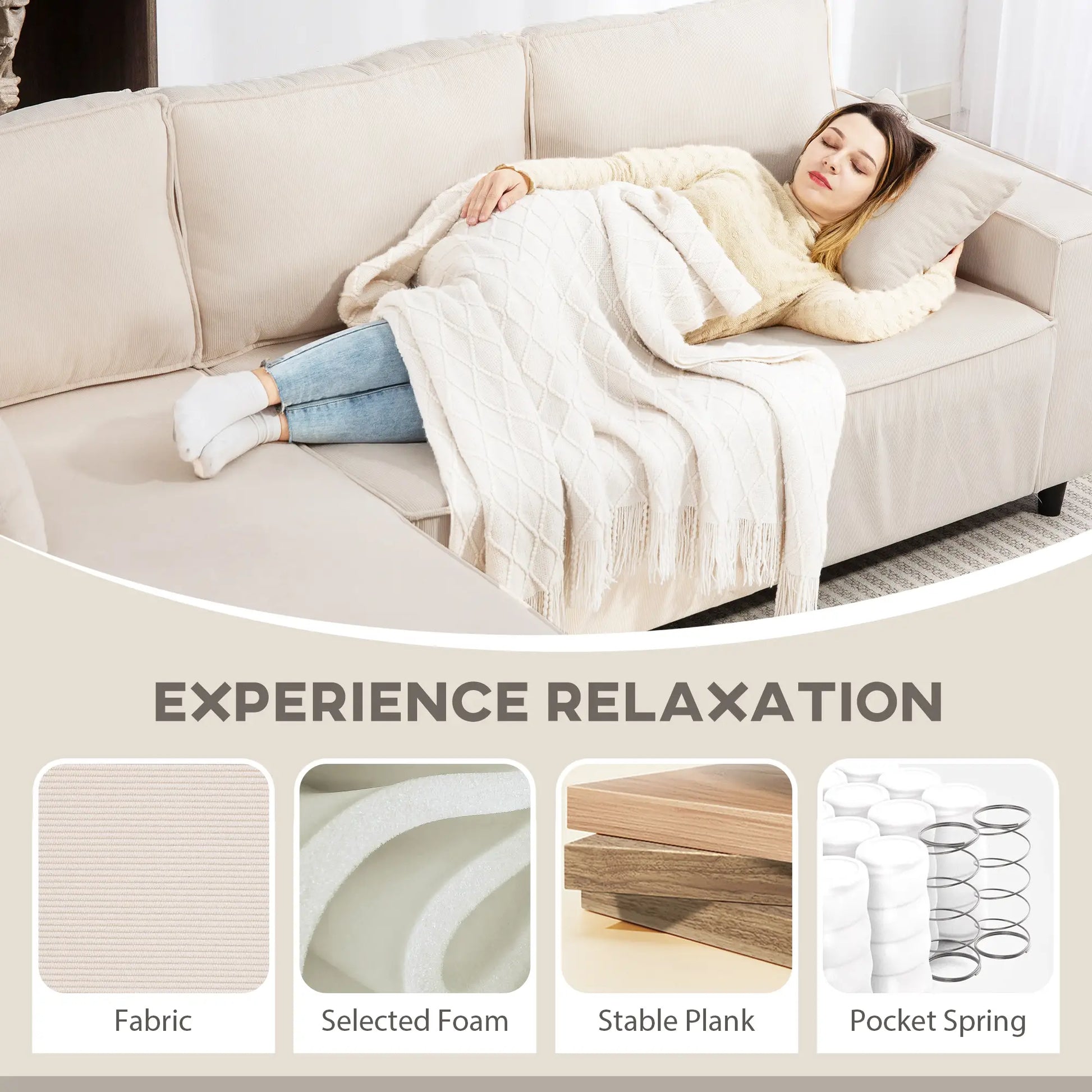 Corner Sofa, L-Shaped Sectional, Corduroy, Pocket Spring, Cream White Sofas & Reclining Chairs at Gallery Canada