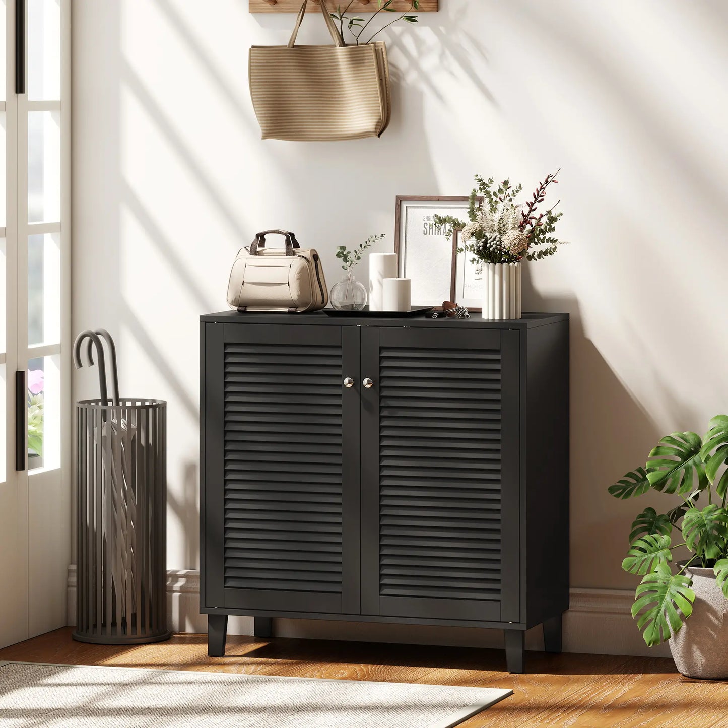 Shoe Cabinet With Adjustable Shelves, 2 Doors, Black, Black