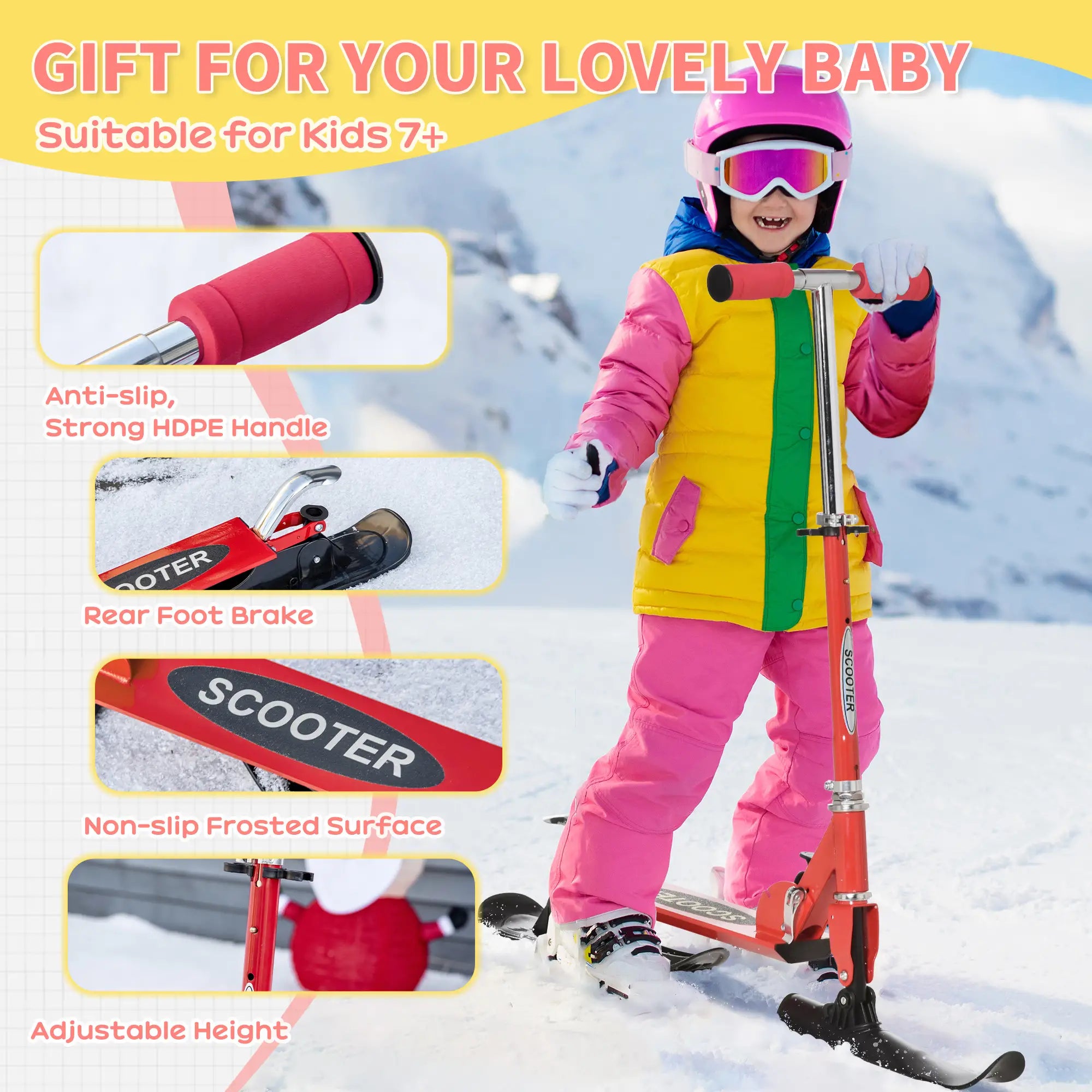 Snow Scooter, Adjustable Height, Kids Sled Ski Scooter with Wheels Blades, Red Scooters at Gallery Canada