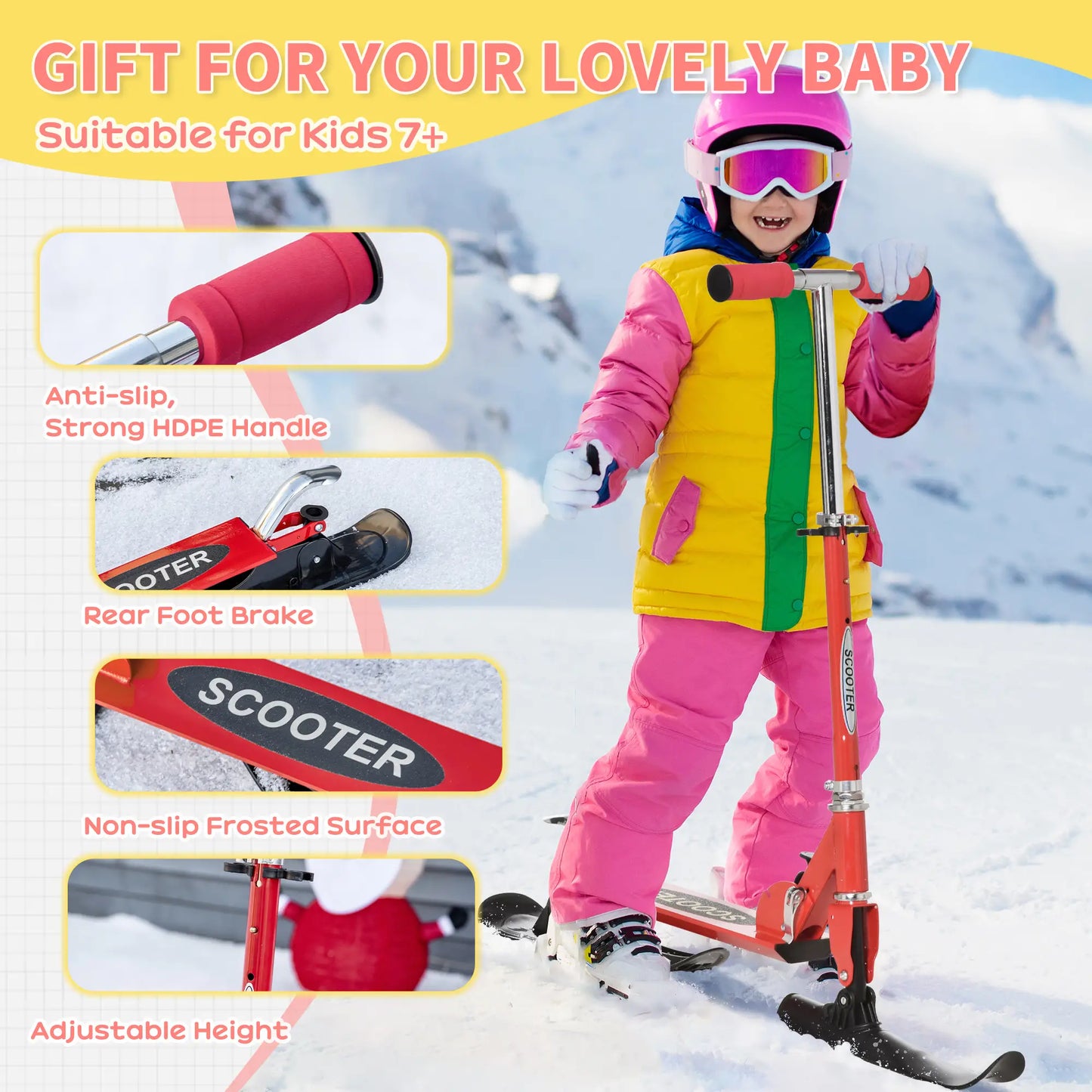 Snow Scooter, Adjustable Height, Kids Sled Ski Scooter with Wheels Blades, Red Scooters at Gallery Canada