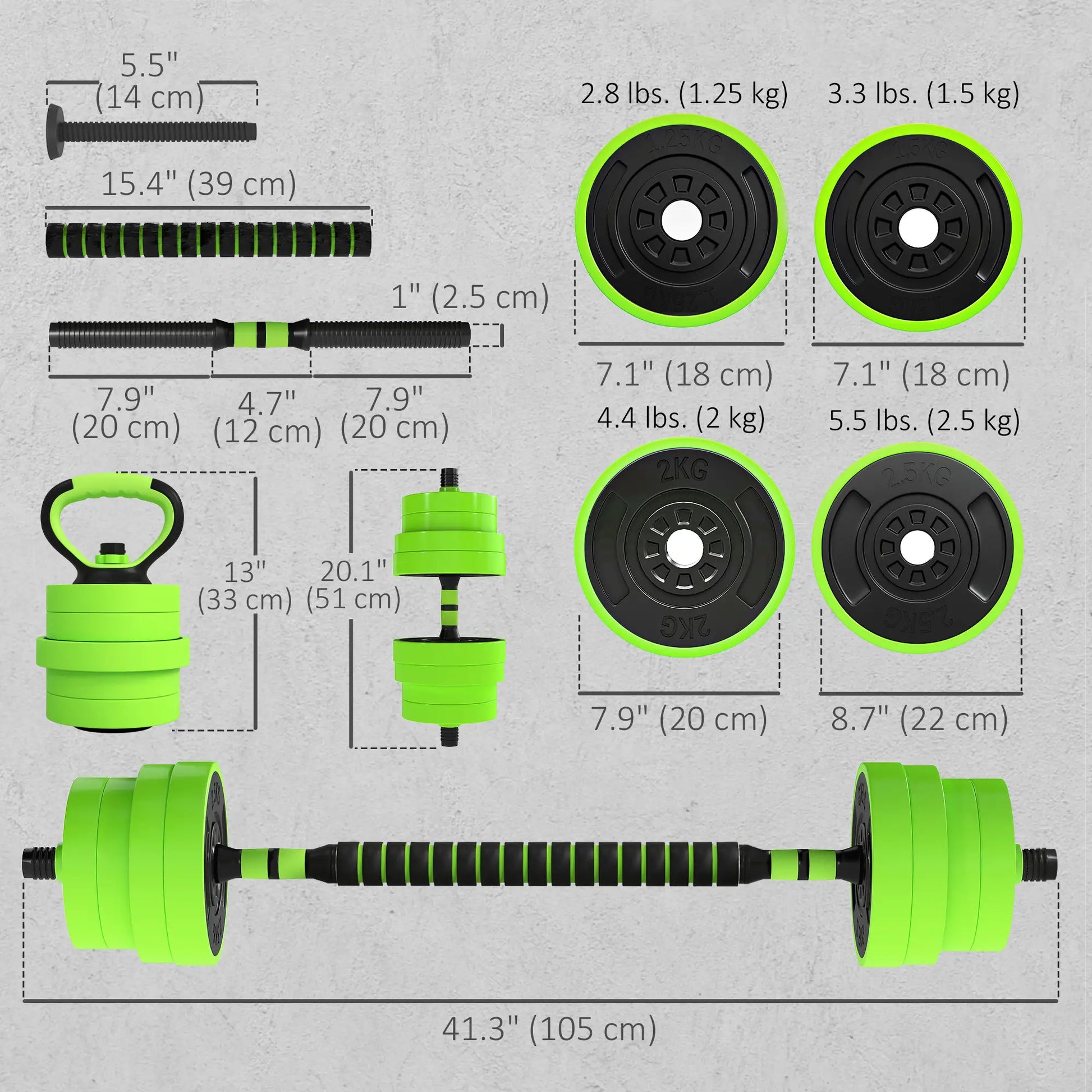66lbs 4-in-1 Adjustable Dumbbell Set, Barbell, Kettlebell, Green Dumbbells & Barbells at Gallery Canada