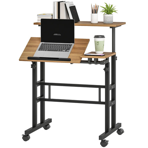 Mobile Stand Up Desk, Height Angle Adjustable, Wheels, Brown