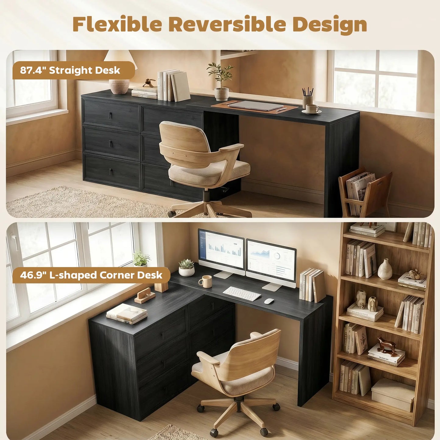 L Shaped Computer Desk, 6 Drawers, Wood Grain, Black Computer Desks at Gallery Canada