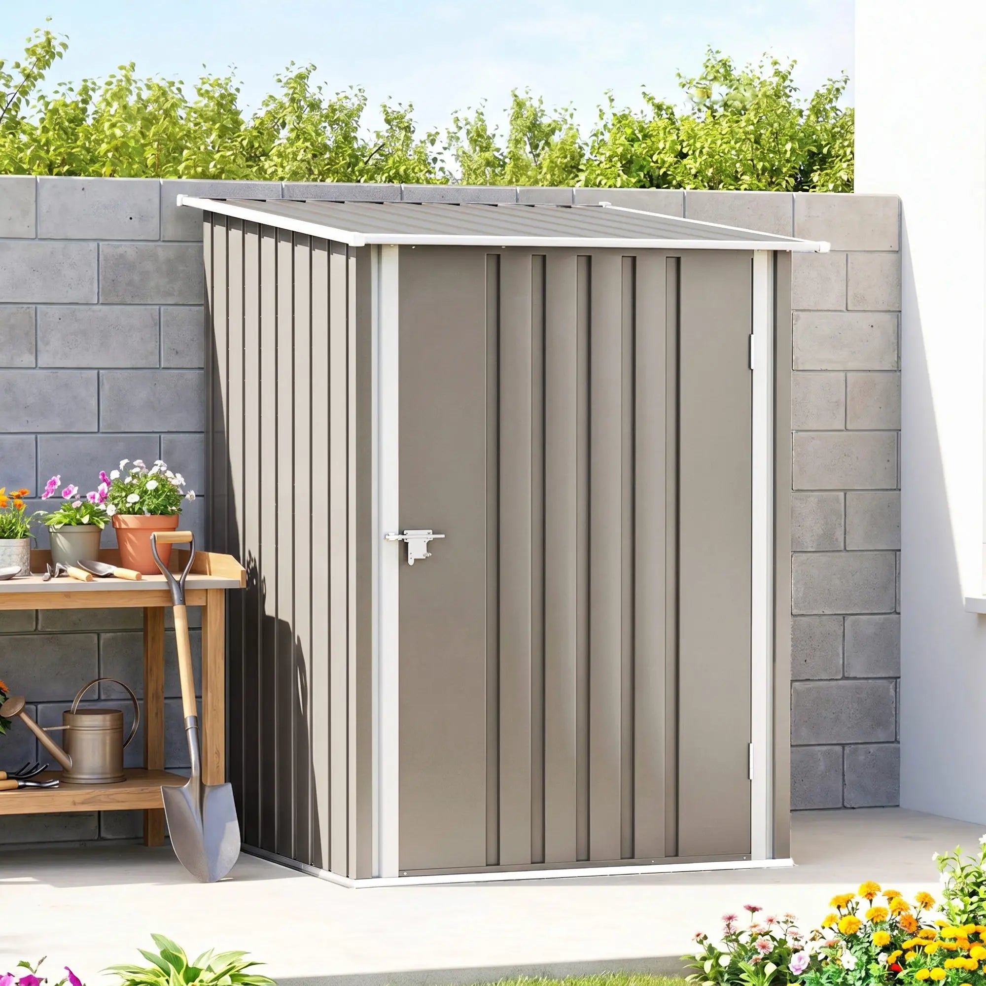 3.3' x 3.4' Outdoor Storage Shed, Galvanized Steel, Lockable Door, Brown and White Sheds at Gallery Canada
