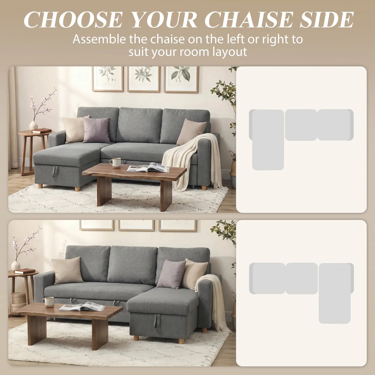 83" Sofa Bed, L Shaped Sectional with Storage Chaise, Light Grey Sofas & Reclining Chairs at Gallery Canada