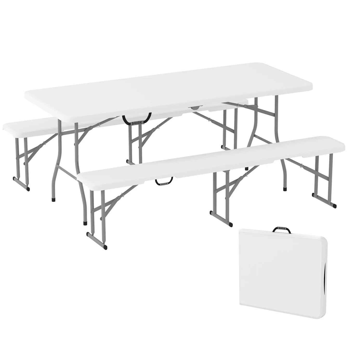 6FT Portable Camping Table Bench Set, Folding Picnic Table with 2 Benches, White Picnic Tables & Camping Chairs at Gallery Canada