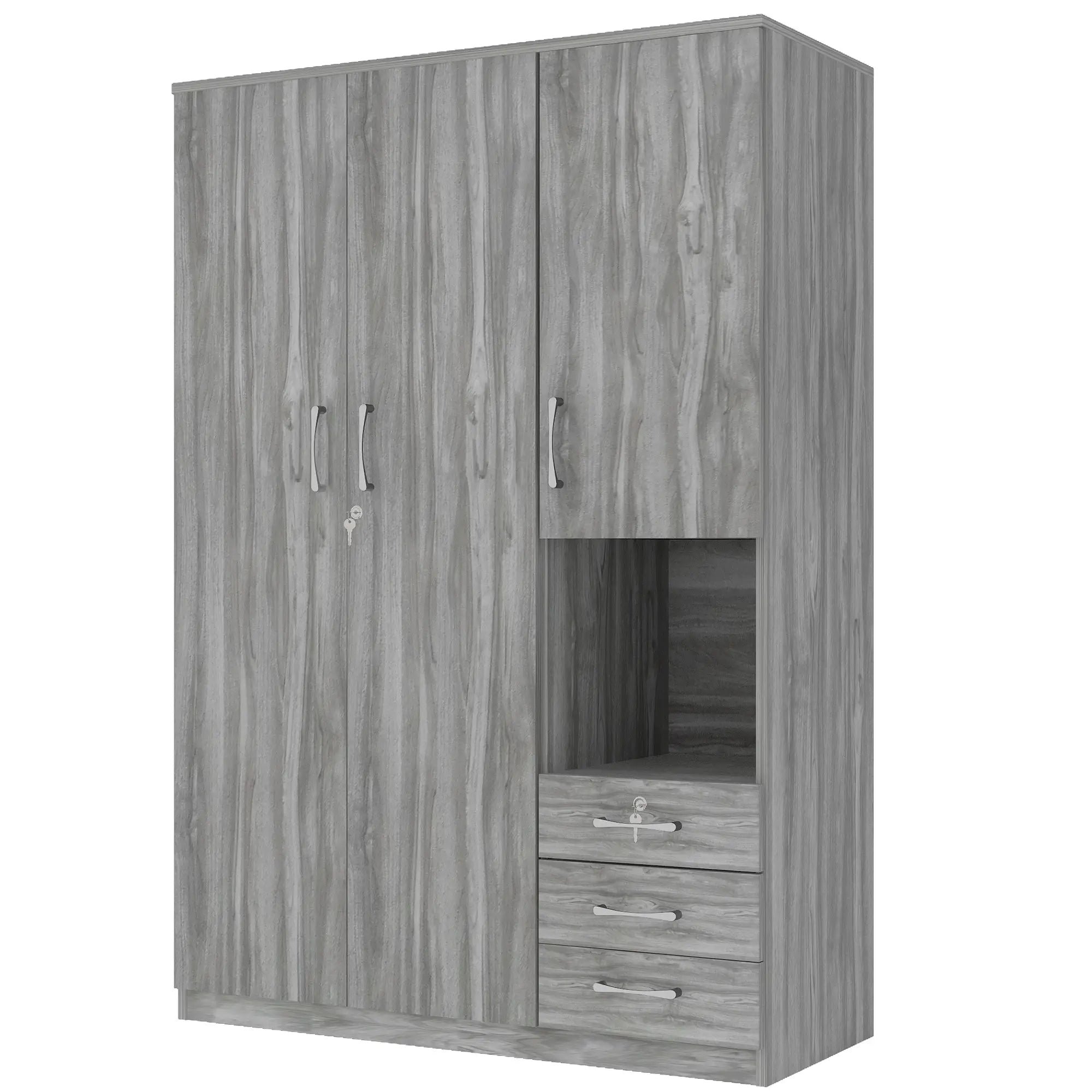 Wooden Wardrobe with Shelves, 3 Drawers, Hanging Rod, 47