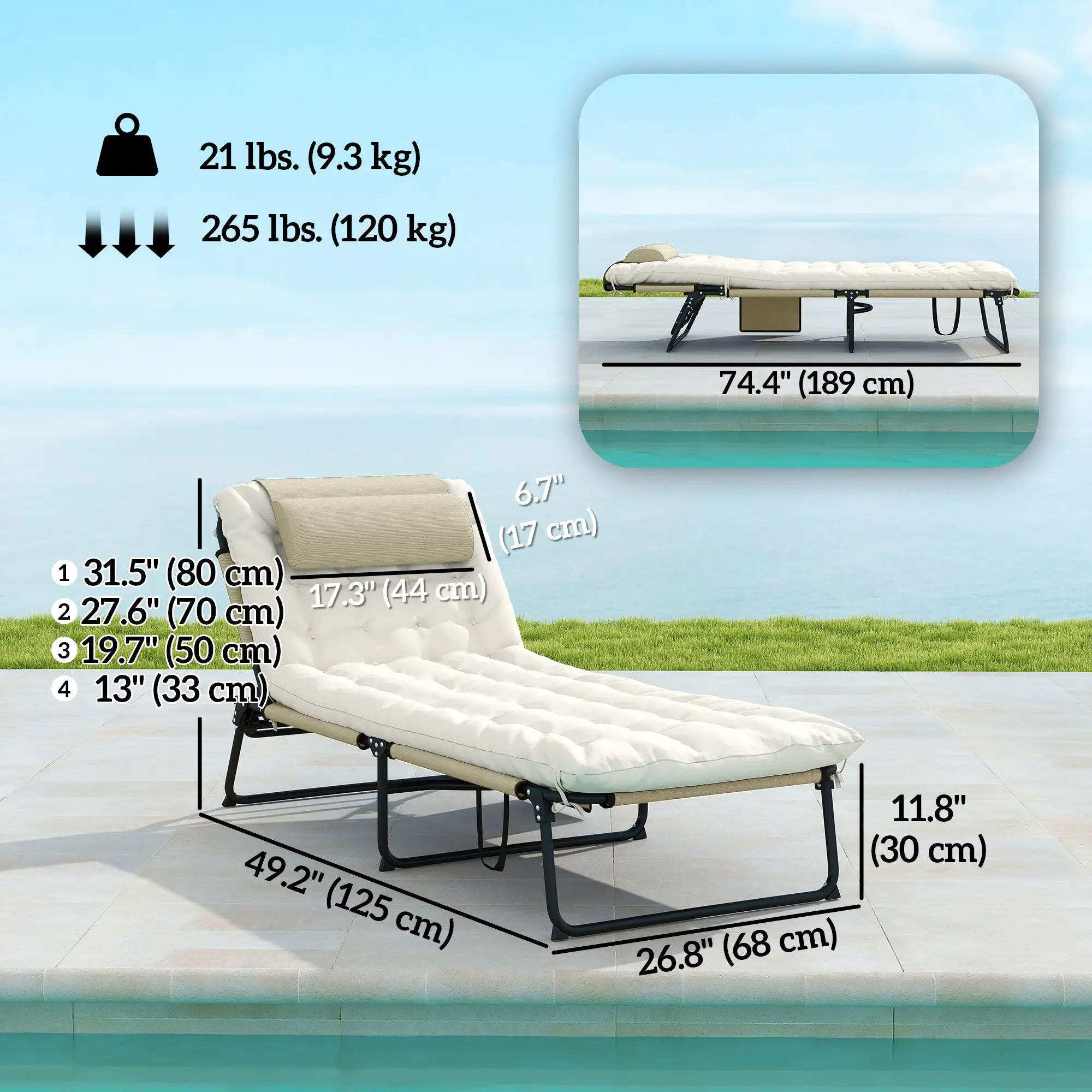 Folding Lounge Chair, 4-Level Reclining Back, Cushion, Beige Lounger Chairs at Gallery Canada