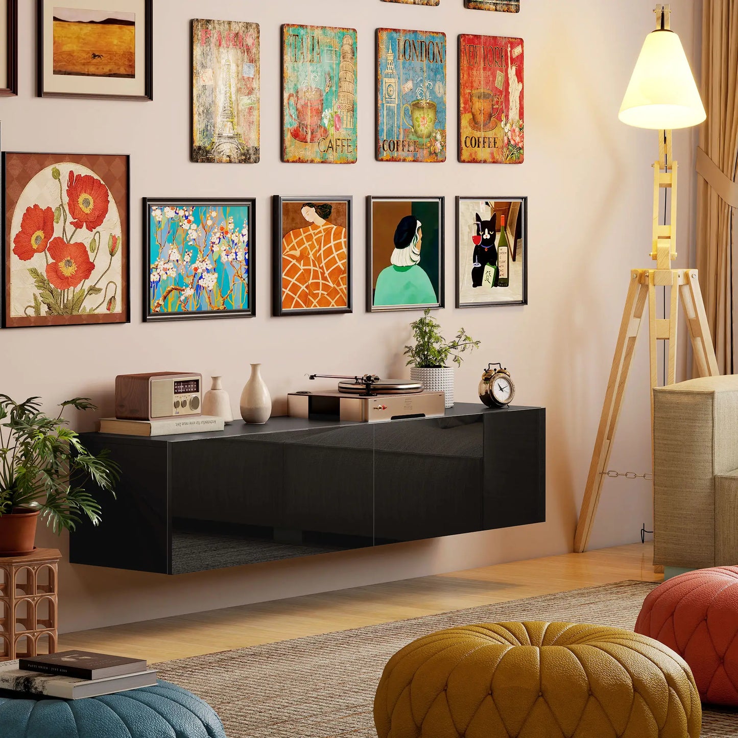 Floating TV Stand, Storage Cupboards for 45, 55, 65in TVs, Black TV Stands at Gallery Canada