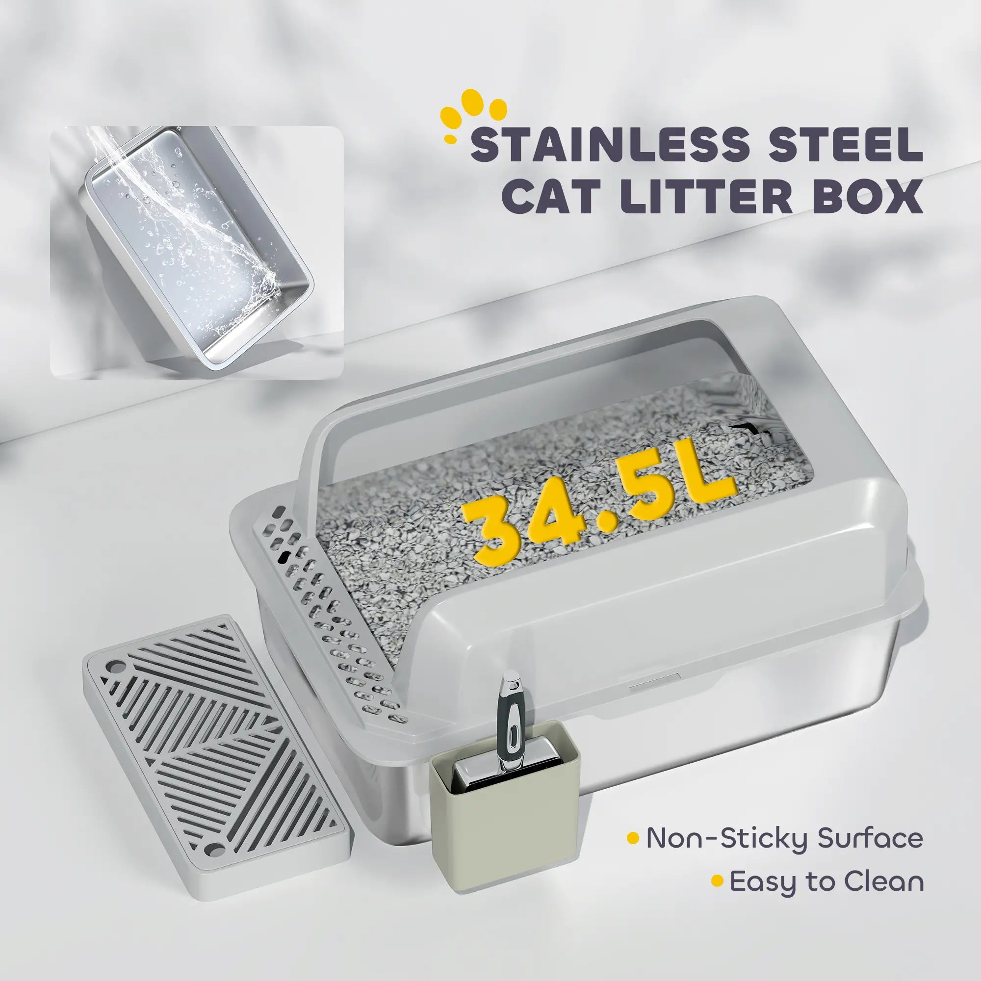 Stainless Steel Cat Litter Box, High Sided, Metal Scoop Holder, Easy Clean Cat Litter Box Enclosures at Gallery Canada
