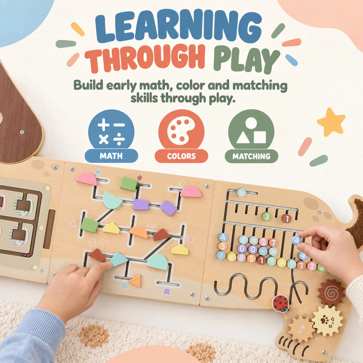 Tableau d'activités mural en bois, Panneau sensoriel Montessori, Teckel, Tout-petit