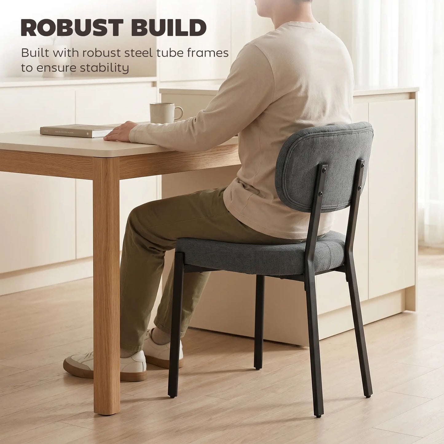 Set Of 2 Upholstered Grey Linen Kitchen Dining Chairs, Grey