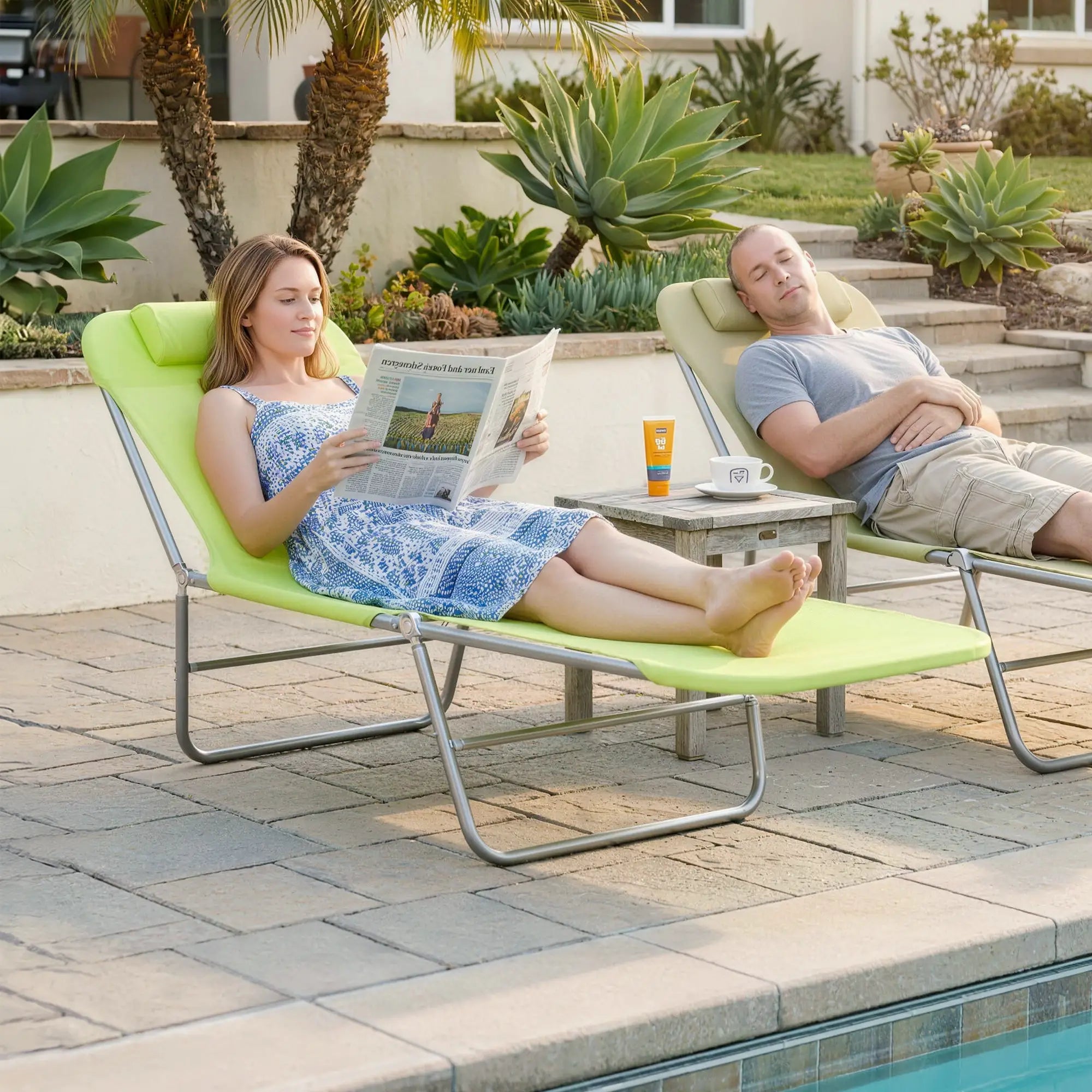Portable Adjustable Reclining Lounge Chair, Folding Chaise, Light Green Lounger Chairs at Gallery Canada