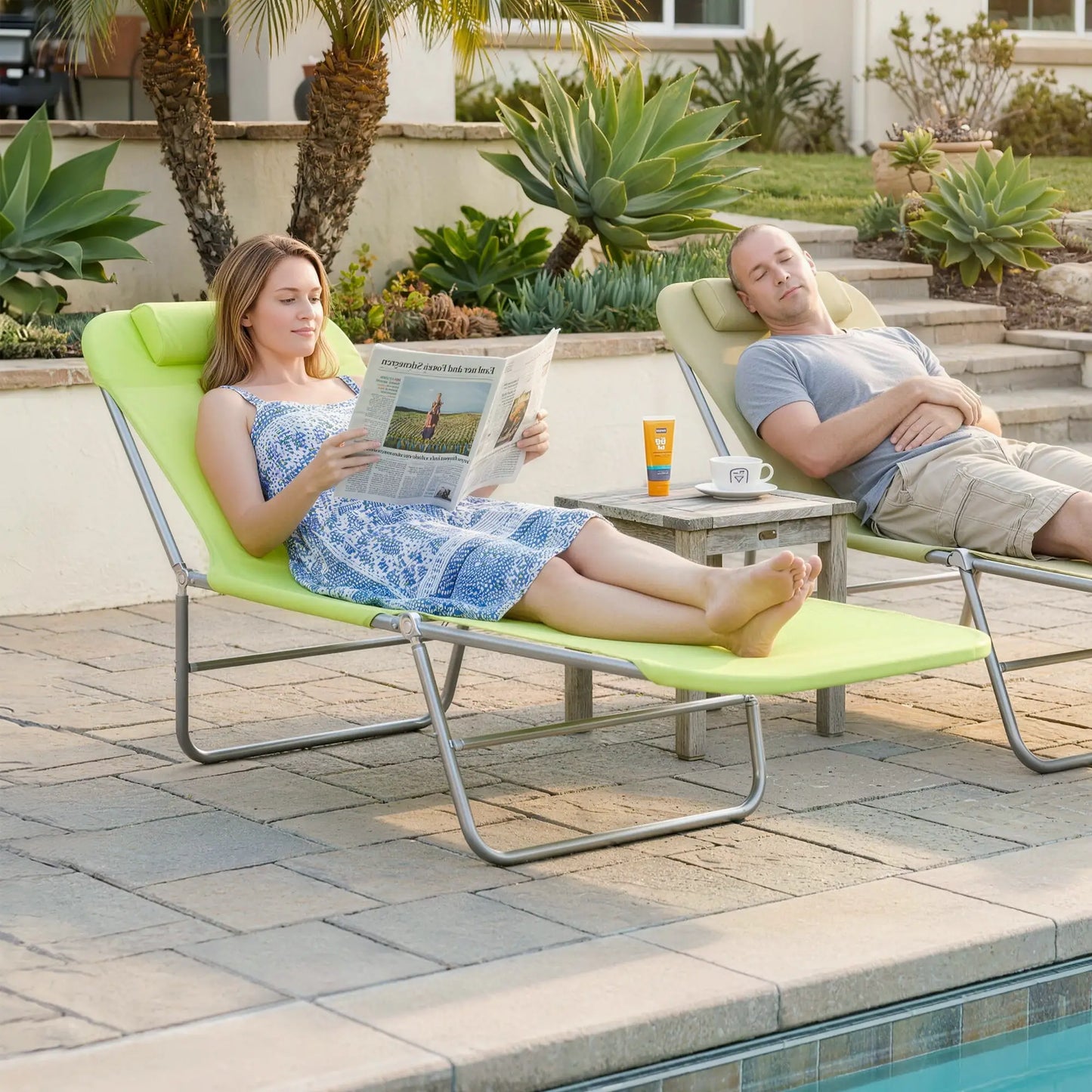 Portable Adjustable Reclining Lounge Chair, Folding Chaise, Light Green Lounger Chairs at Gallery Canada