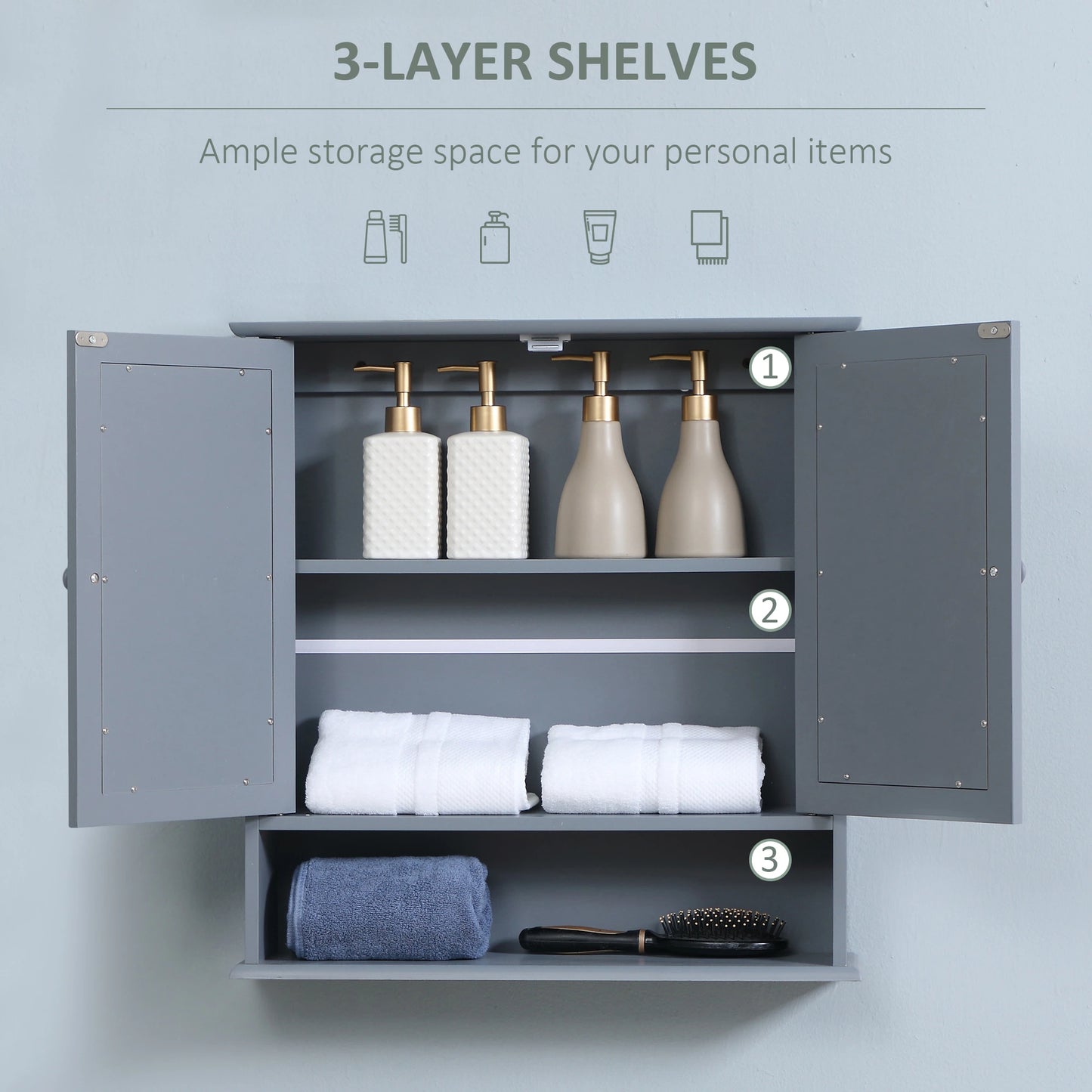 Wall-Mounted Medicine Cabinet, Double Doors, Open Shelf, Adjustable, Grey Mirror Medicine Cabinets at Gallery Canada