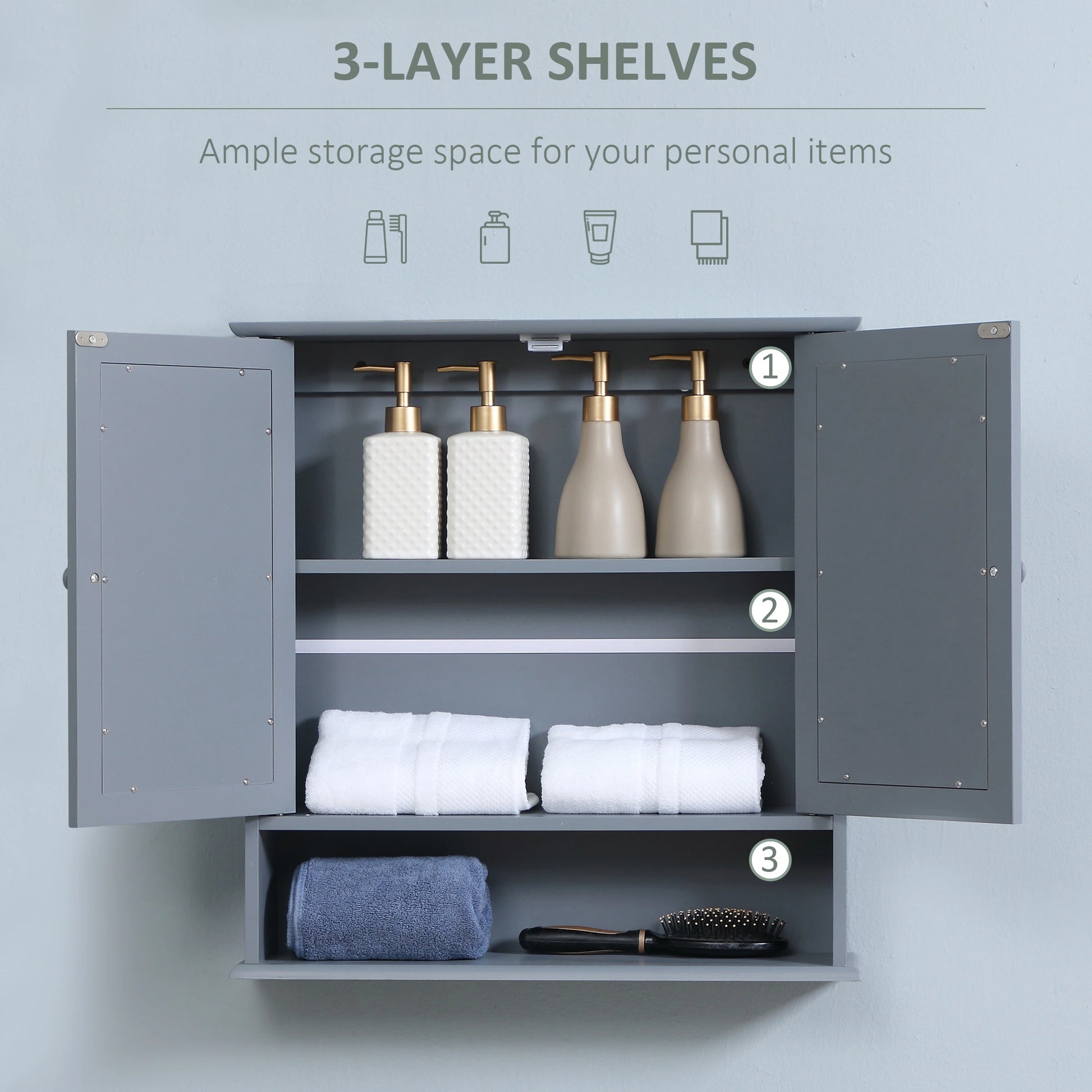 Wall-Mounted Medicine Cabinet, Double Doors, Open Shelf, Adjustable, Grey Mirror Medicine Cabinets at Gallery Canada