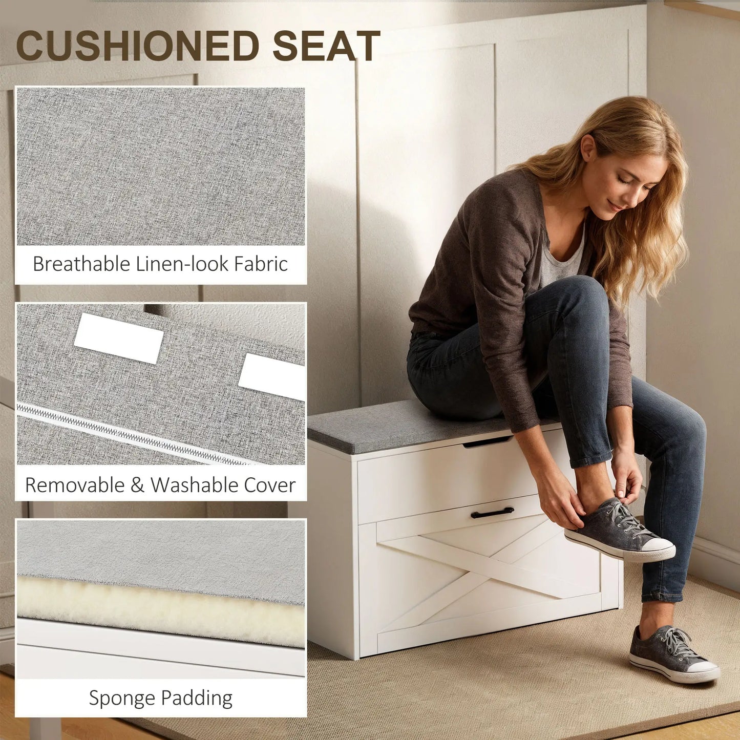 Shoe Storage Bench with Flip Drawer, Lift Top, Seat Cushion, White Shoe Storage Cabinets & Racks at Gallery Canada