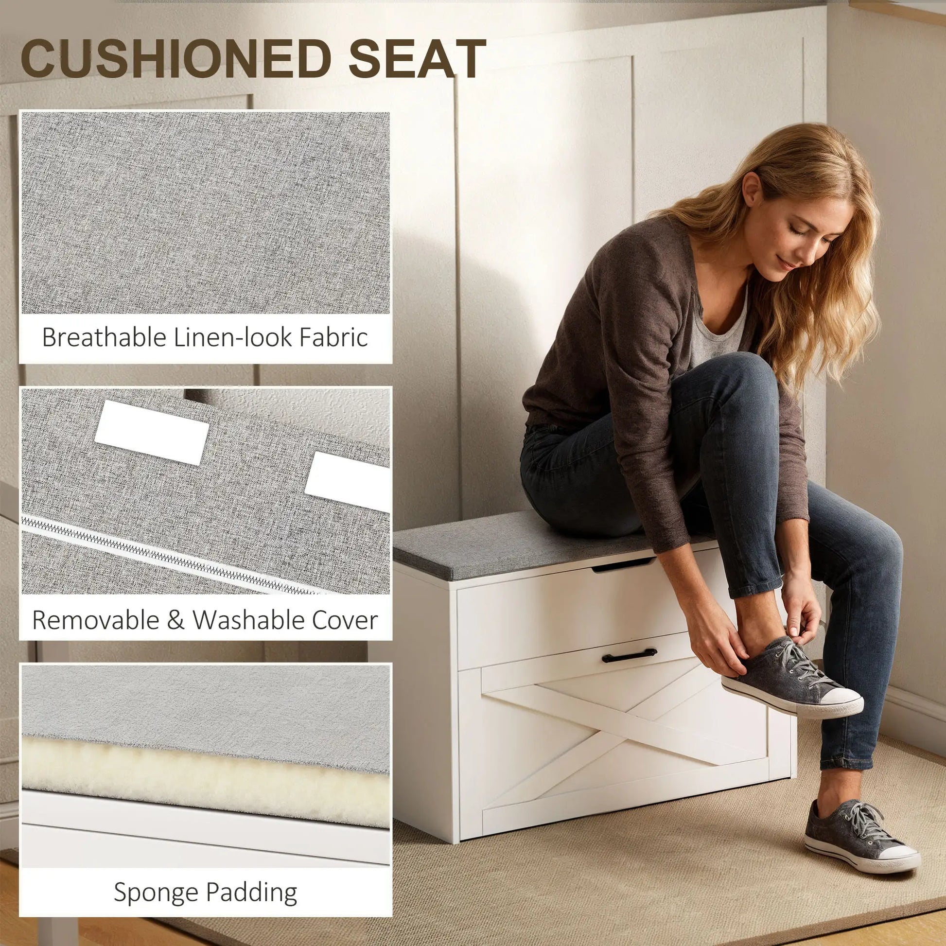 Shoe Storage Bench with Flip Drawer, Lift Top, Seat Cushion, White Shoe Storage Cabinets & Racks at Gallery Canada