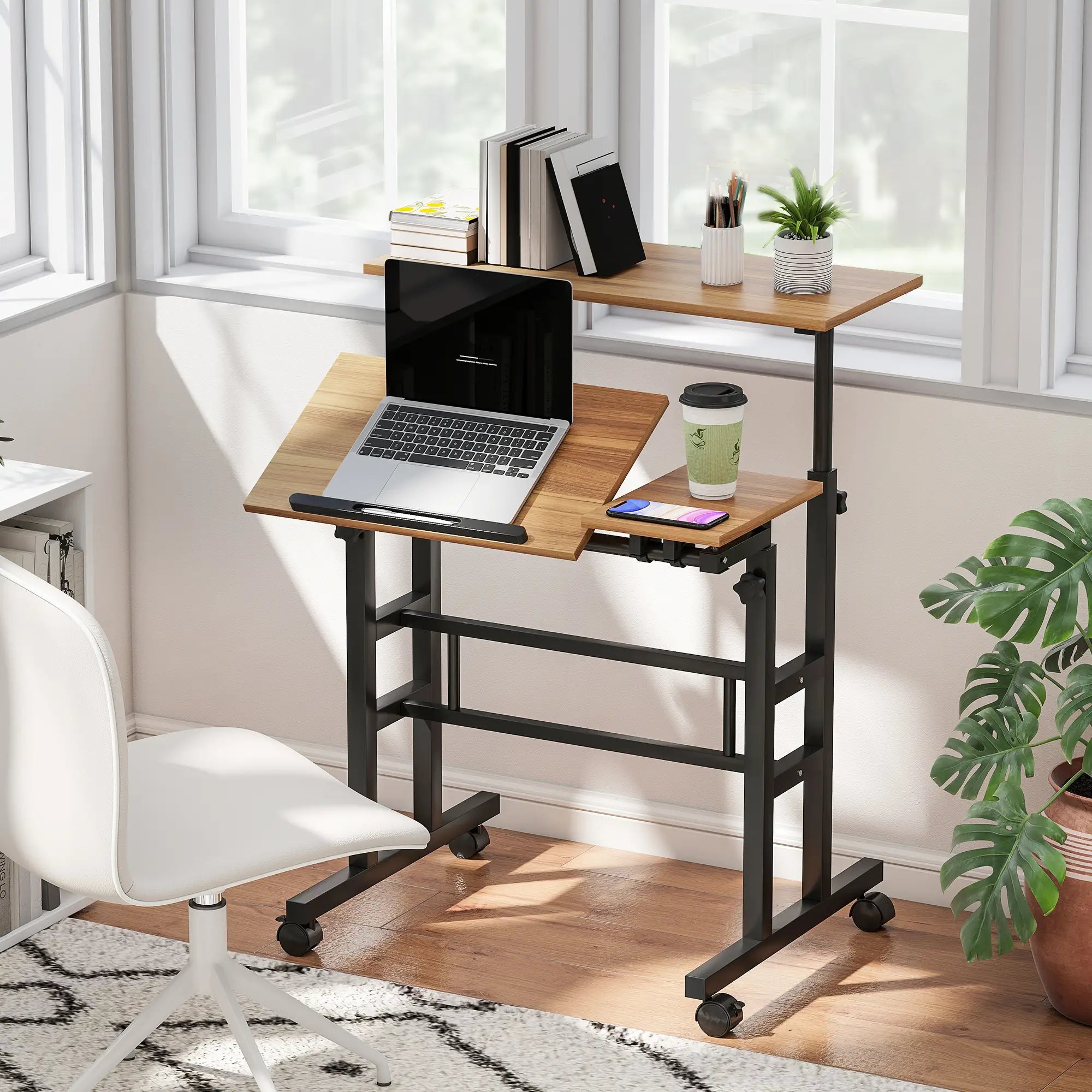 Mobile Stand Up Desk, Height Angle Adjustable, Wheels, Brown Computer Desks at Gallery Canada