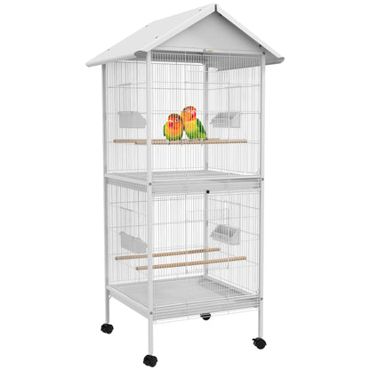 Wrought Metal Bird Cage Feeder with Rolling Stand Perches Food Containers Doors Wheels 67" H, White at Gallery Canada