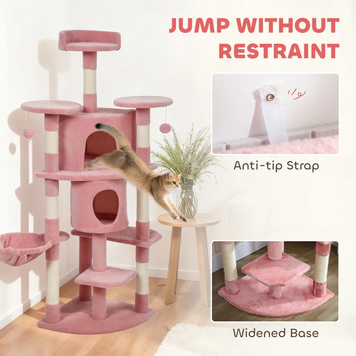 62" Cat Tree With Scratching Post, 2 Condos, Hammock, Pink