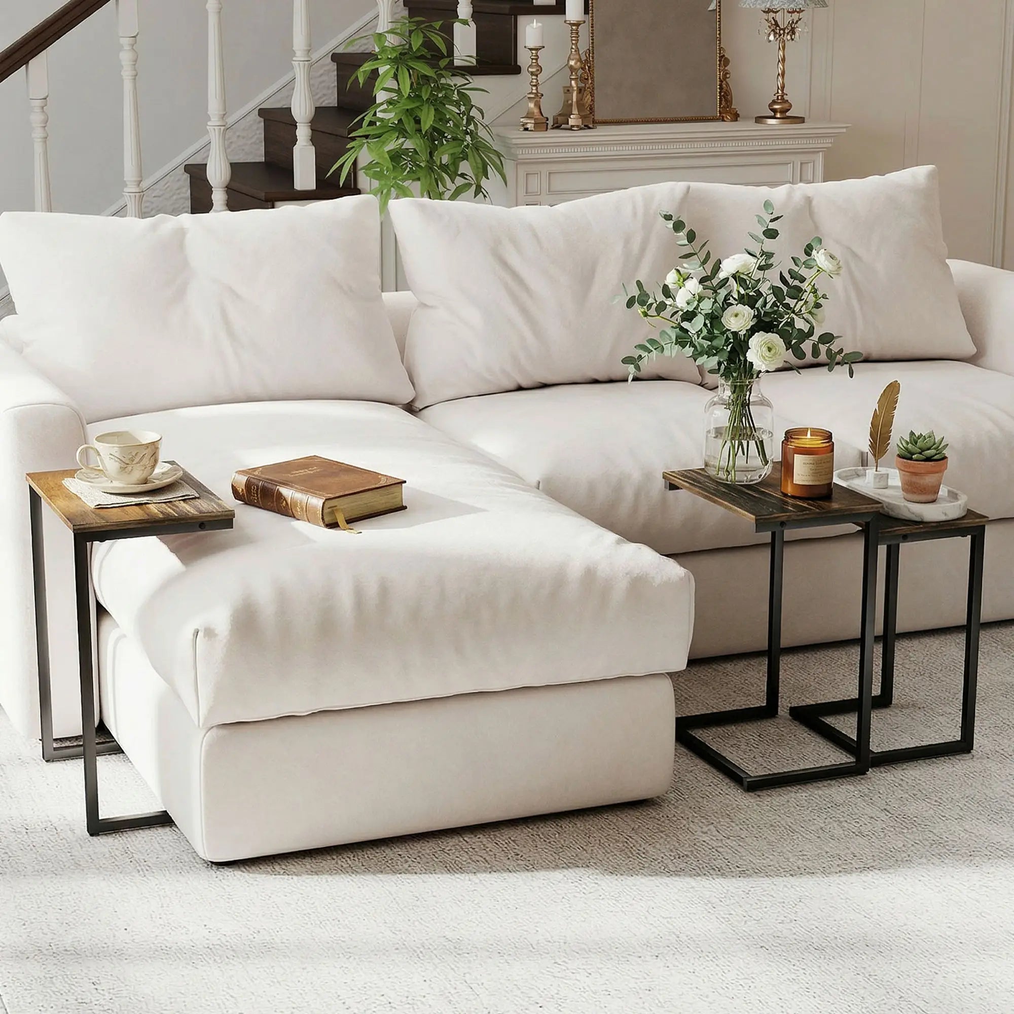 Nesting End Tables Set of 3, Industrial C-Shaped Side Table, Rustic Brown, Brown Side Tables at Gallery Canada