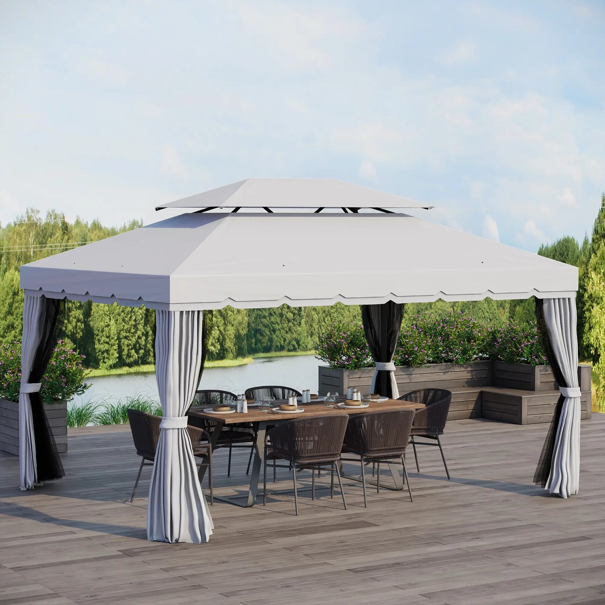 13' x 10' Outdoor Gazebo, 2-Tier Polyester Roof, Vented Mesh Sidewall, Aluminum Frame, Grey Gazebos at Gallery Canada
