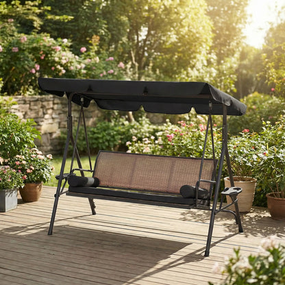 Outdoor 3-Seat Porch Swing, Rattan Seat, Removable Cushion Patio Swings with Stand at Gallery Canada
