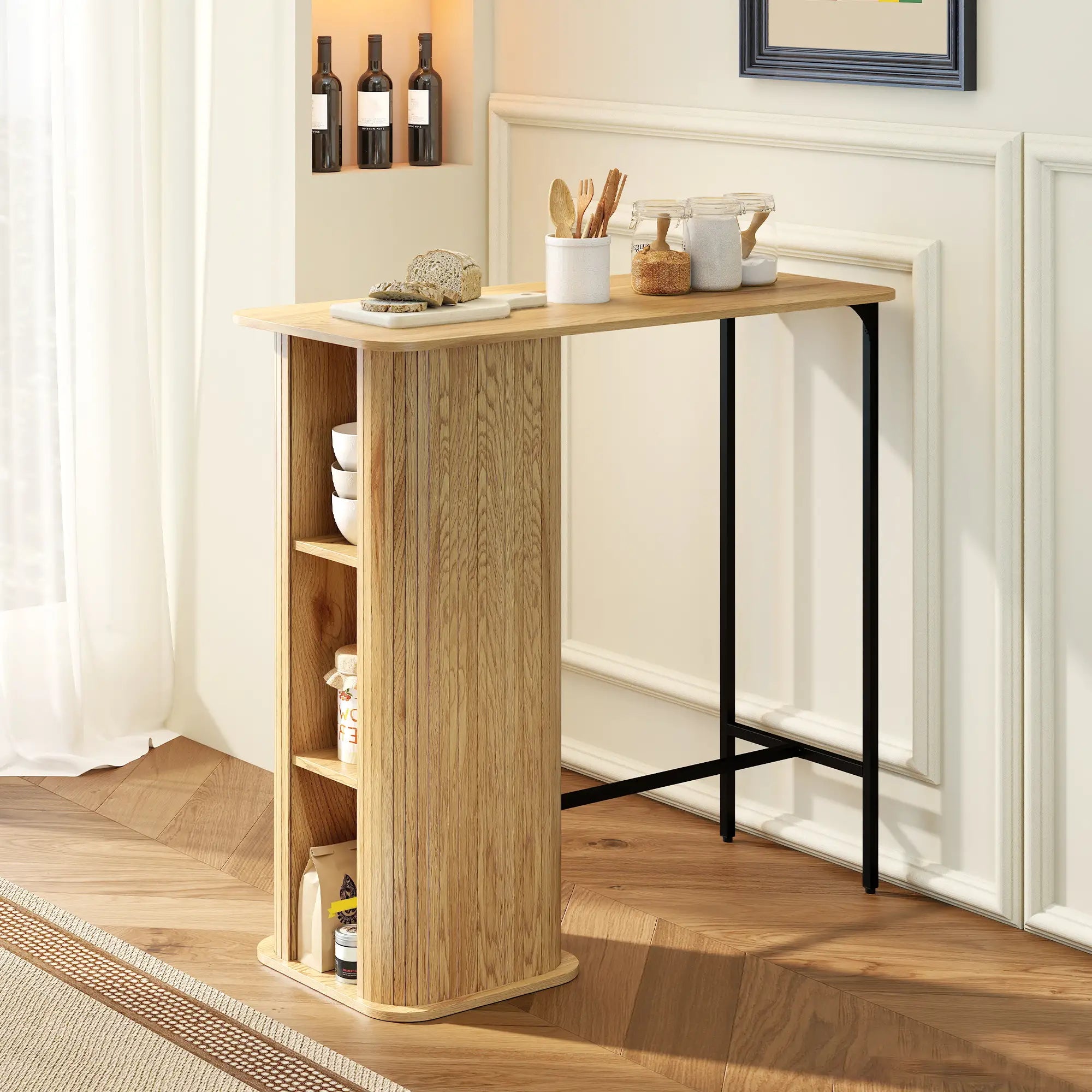 Tambour Bar Height Table, 3 Storage Shelves, Metal Frame, Natural Bar Tables at Gallery Canada