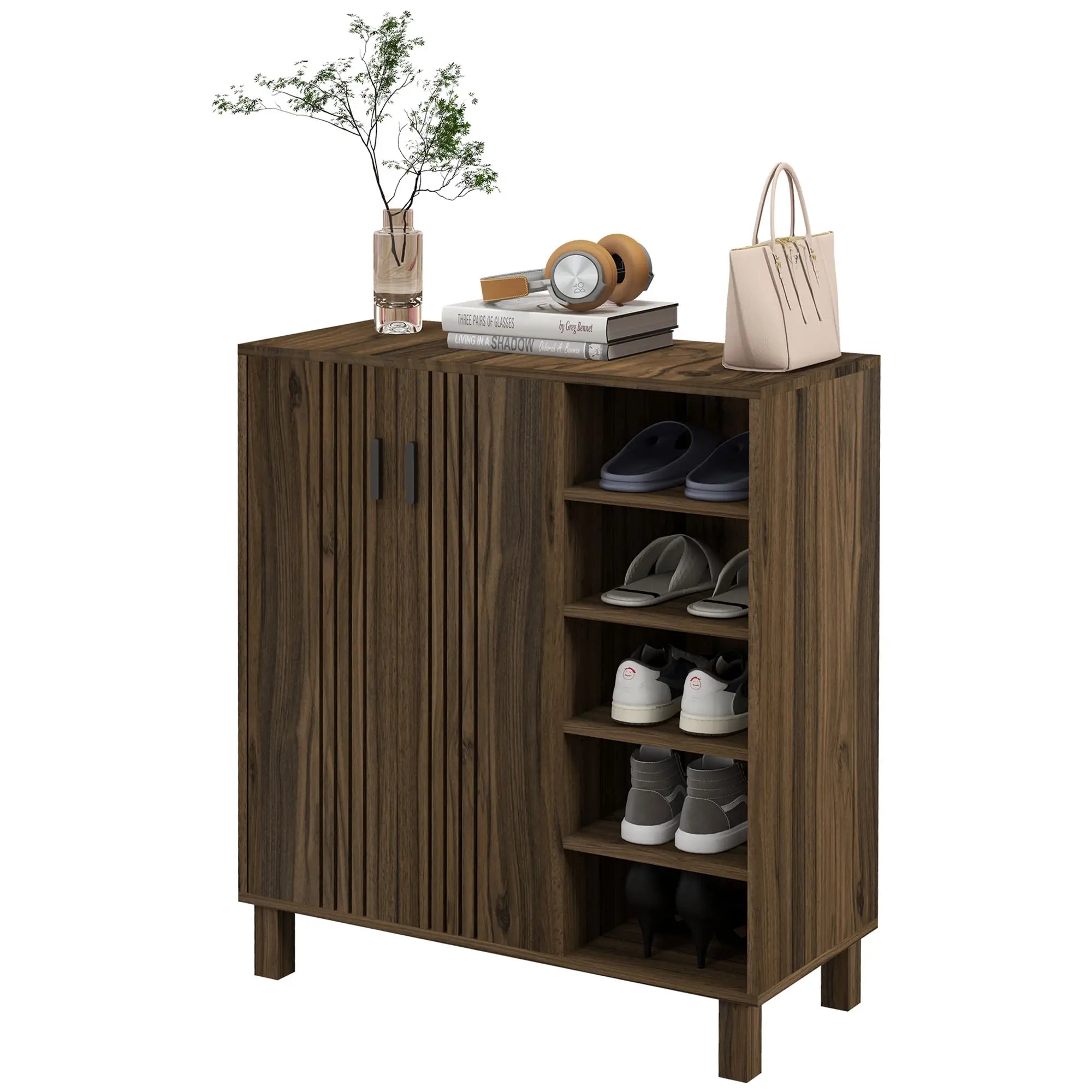 Double Door Shoe Storage, Open Shelves, 17 Pair, Walnut Shoe Storage Cabinets & Racks at Gallery Canada