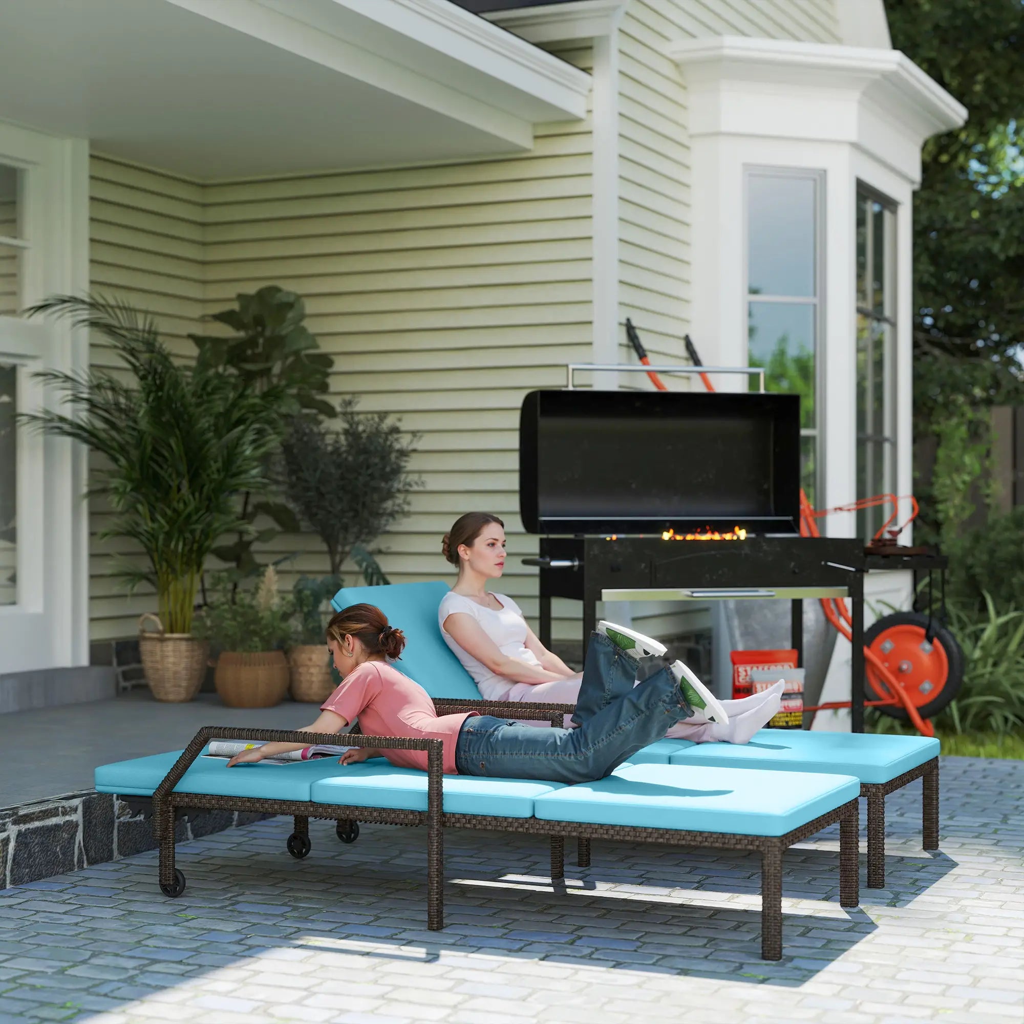 2 Piece Wicker Chaise Lounger, PE Rattan Outdoor Chair, Adjustable Backrest, Sky Blue Chaise Loungers at Gallery Canada