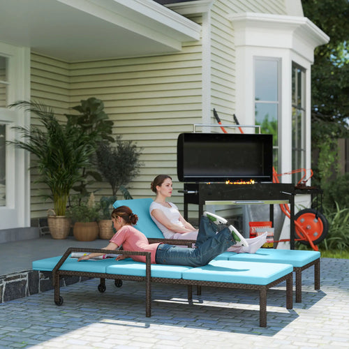 2 Piece Wicker Chaise Lounger, PE Rattan Outdoor Chair, Adjustable Backrest, Sky Blue