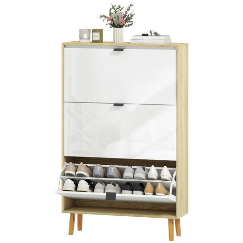 Narrow Shoe Cabinet, 3 Flip Drawers, Adjustable Shelves, Holds 24 Pairs, White