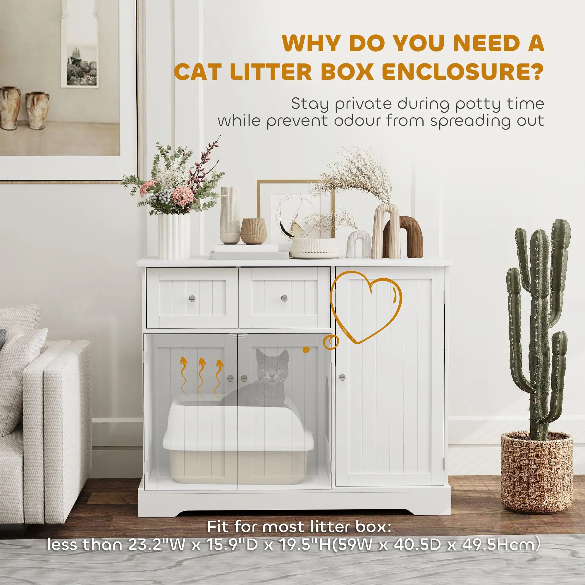 Cat Litter Box Enclosure with Drawer, Storage, Anti-Tip Kit, White Cat Litter Box Enclosures at Gallery Canada