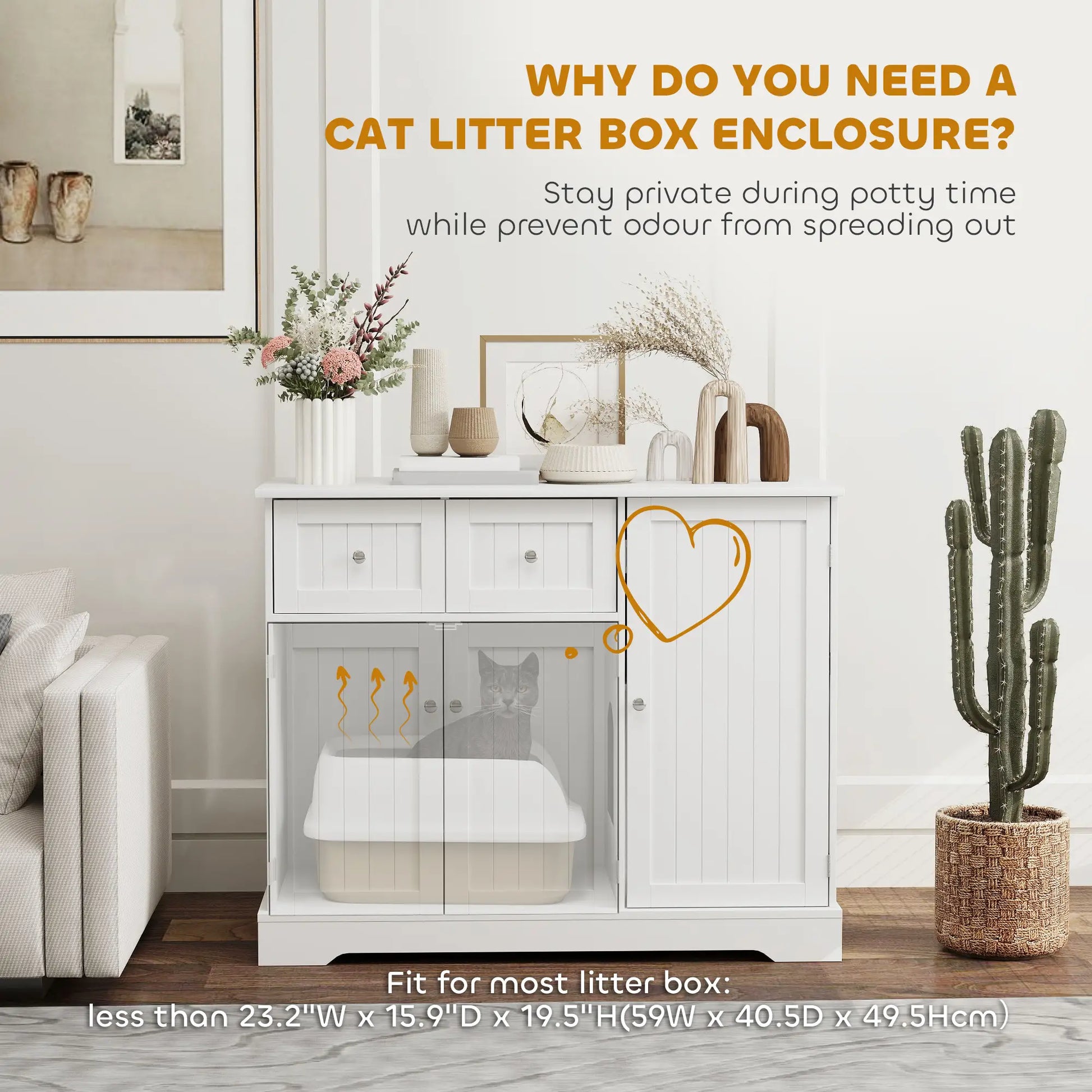 Cat Litter Box Enclosure with Drawer, Storage, Anti-Tip Kit, White Cat Litter Box Enclosures at Gallery Canada