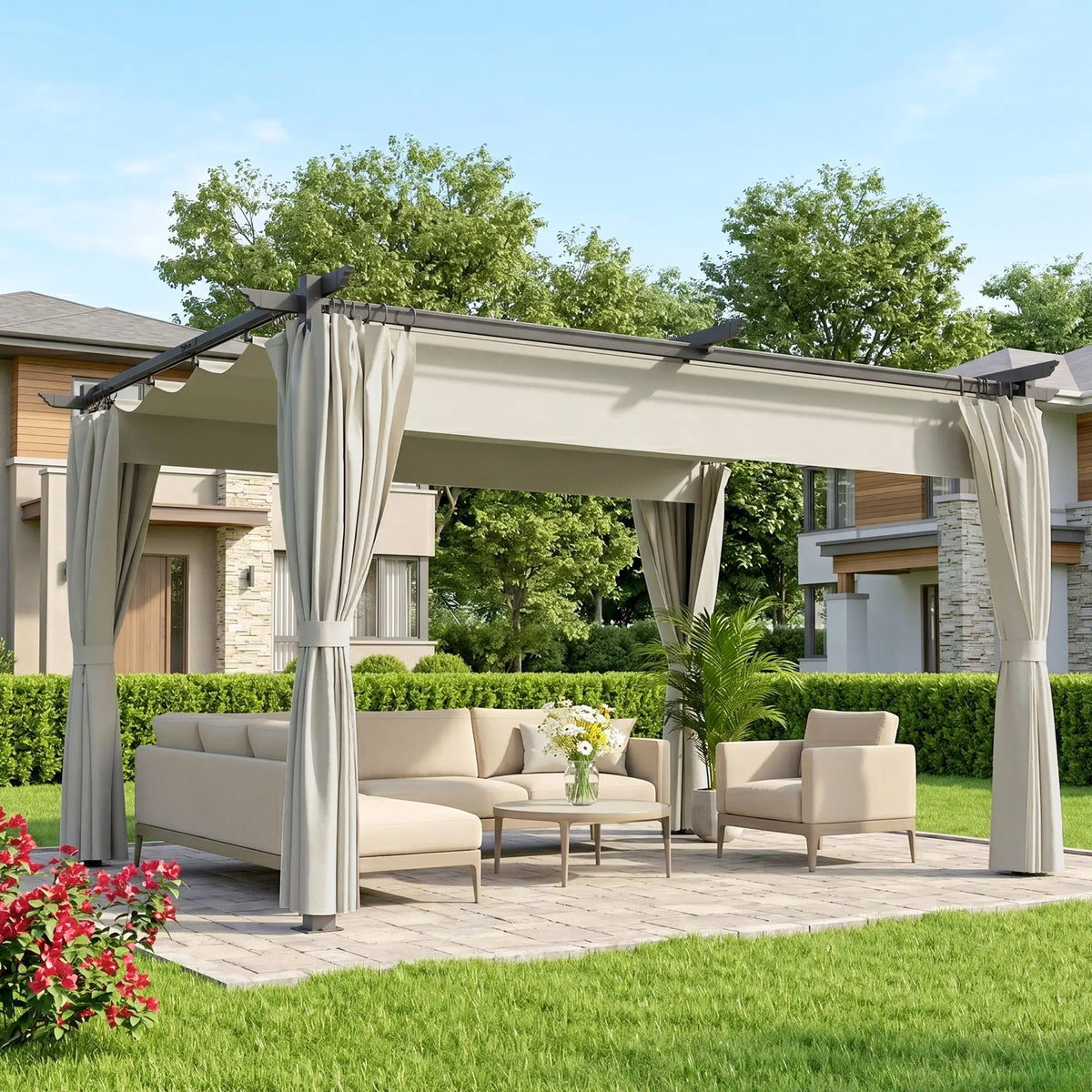 10' x 13' Pergola With Retractable Canopy, Curtains, UPF30+ Sun Shade Pergolas at Gallery Canada