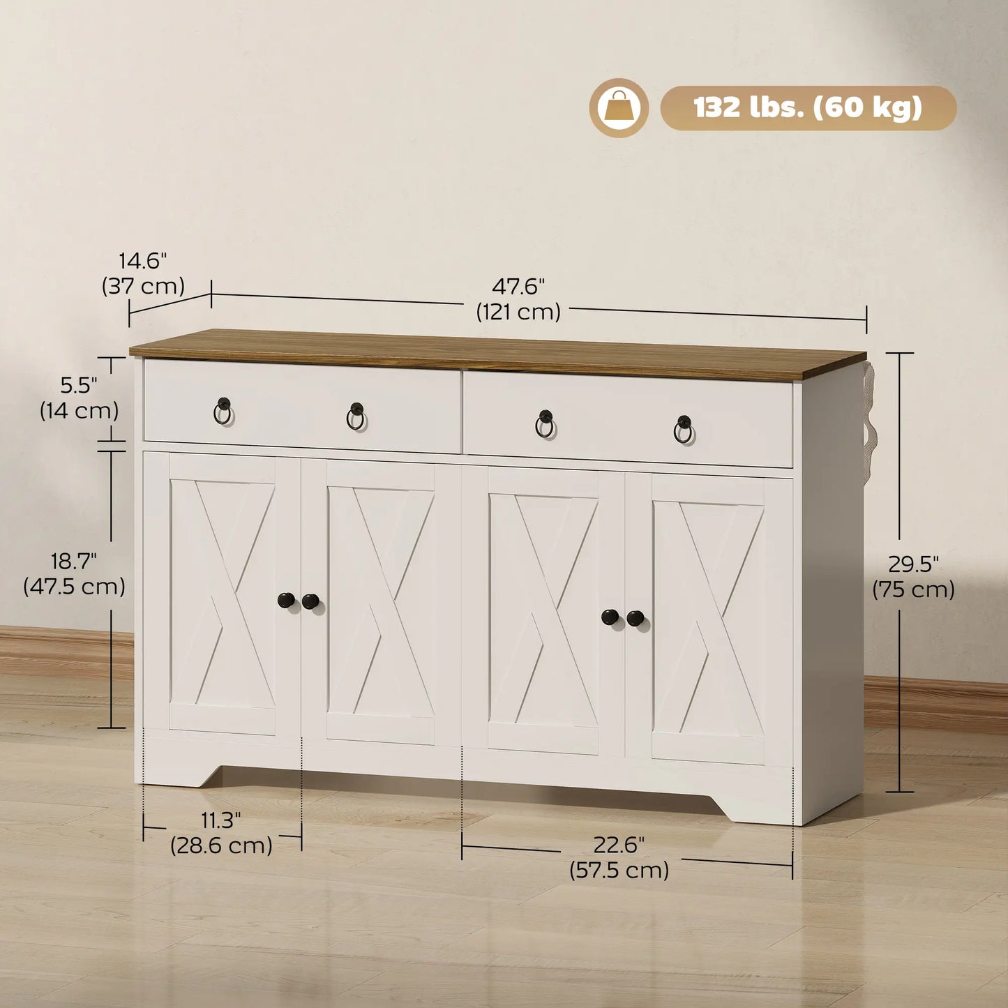 Kitchen Sideboard Cabinet, 2 Drawers, 4 Barn Doors, 2 Adjustable Shelves, White Bar Cabinets at Gallery Canada