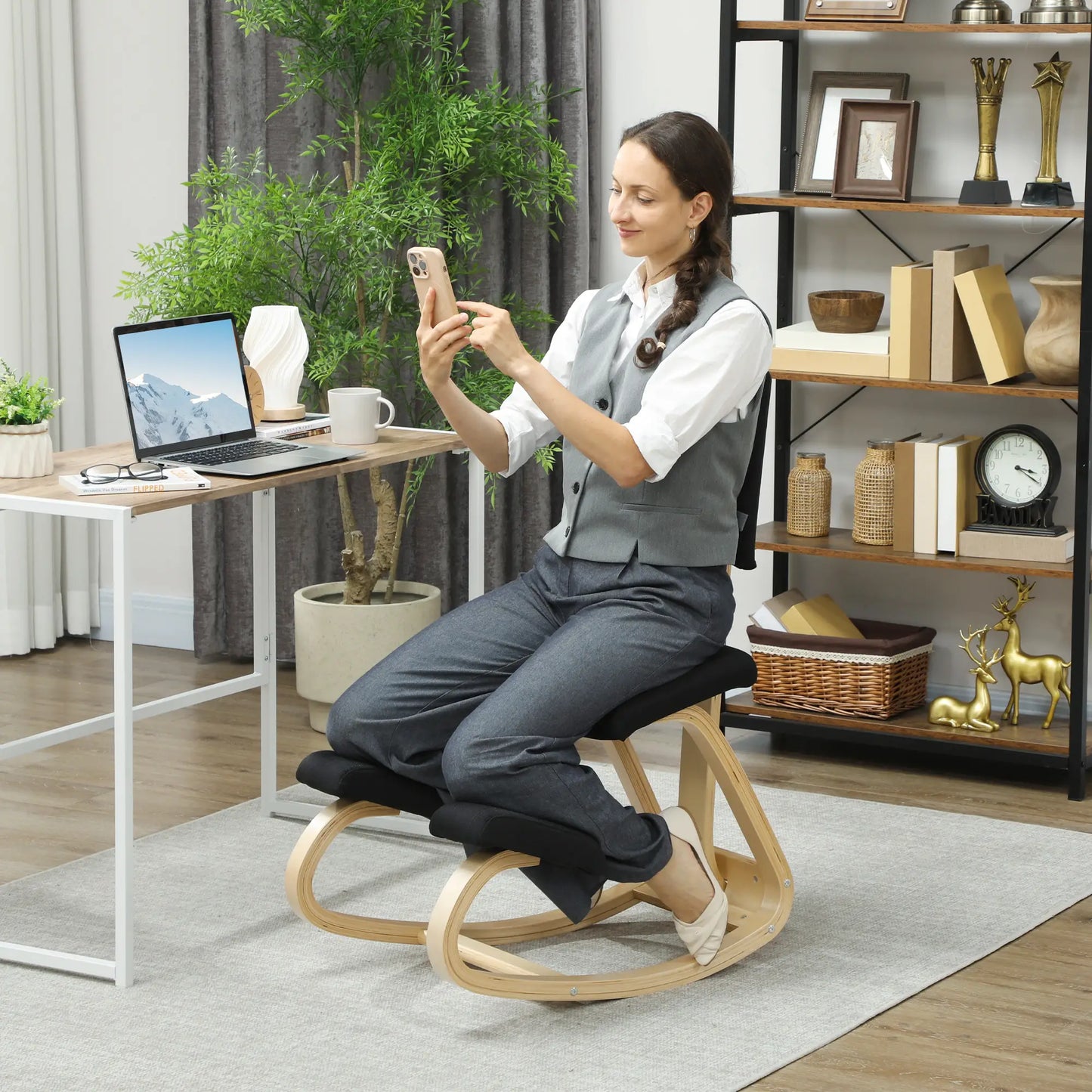 Ergonomic Kneeling Chair, Rocking Wood Stool with Backrest, Black Office Chairs at Gallery Canada