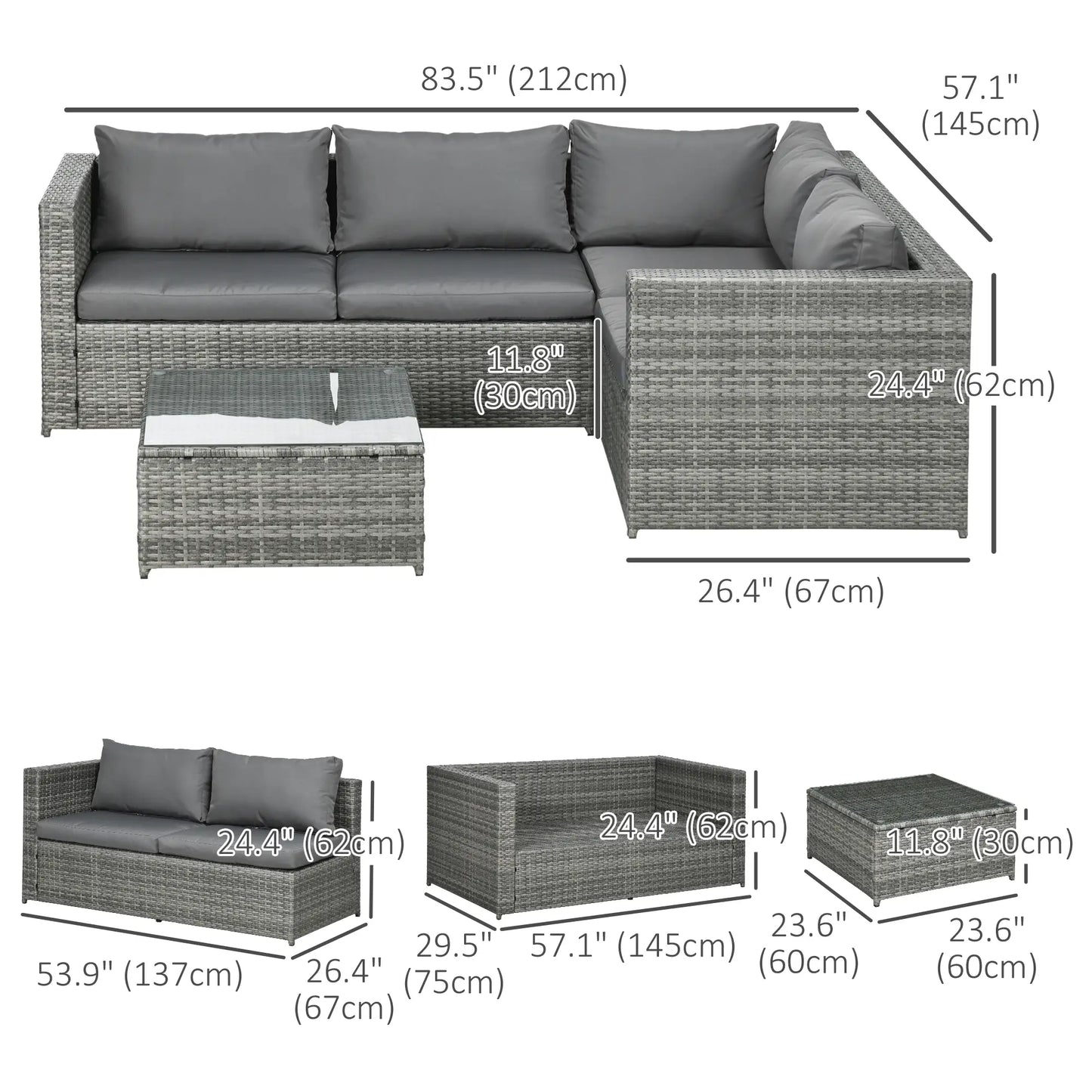 3pc Rattan Wicker Outdoor Furniture Set, Loveseats, Coffee Table, Grey Patio Furniture Sets at Gallery Canada