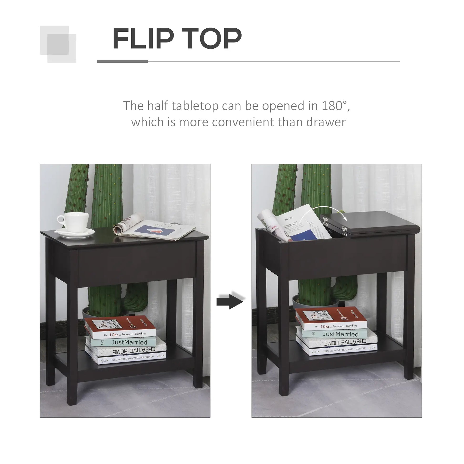 Flip Top End Side Table with Cabinet, Bottom Shelf, Dark Coffee Side Tables at Gallery Canada
