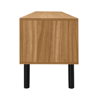 Elegant Stripe Design Stand, Sturdy Wooden Legs, 3 Doors, 67" L x 15" W x 18.5" H, Natural, Black TV Stands at Gallery Canada