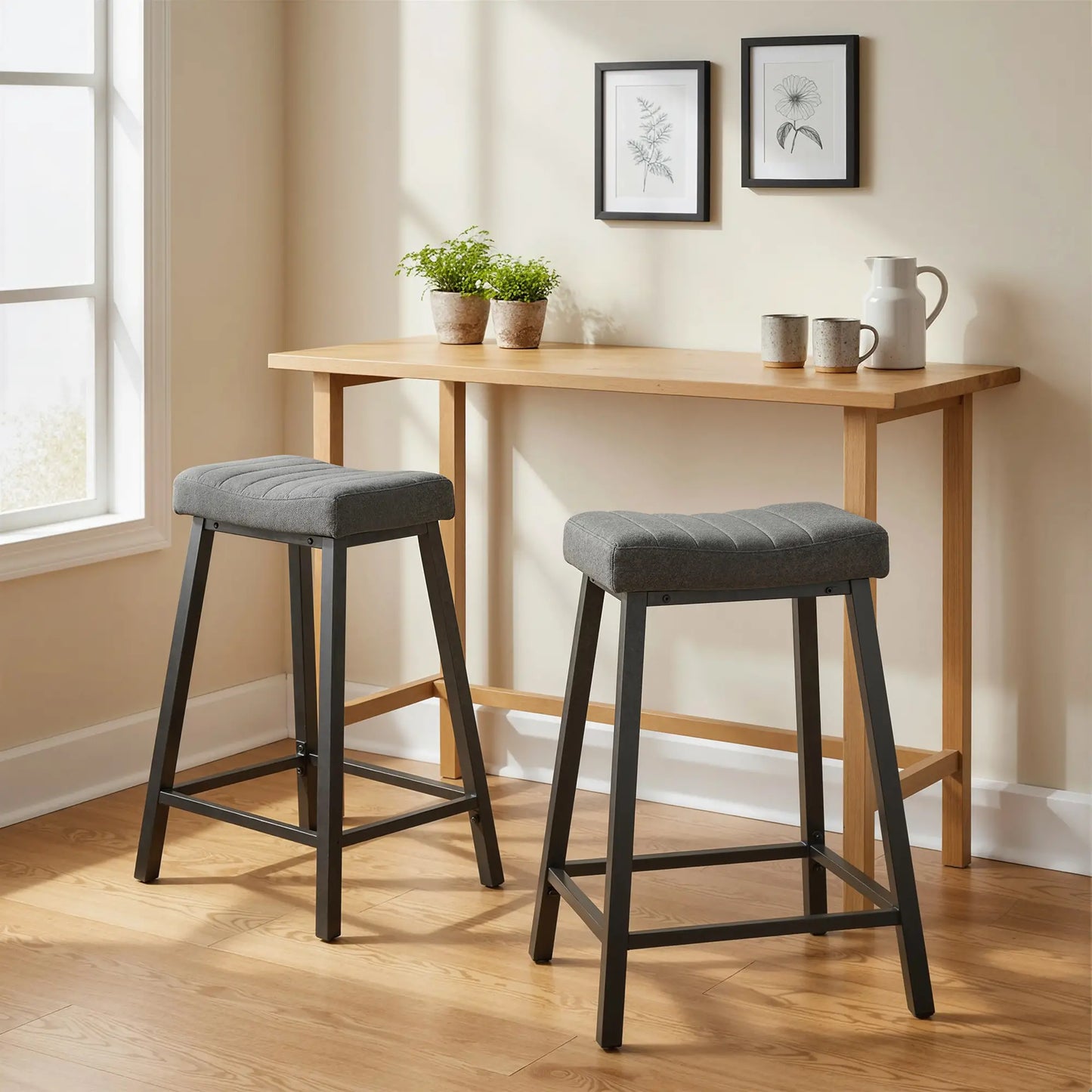 Set of 2 Velvet Bar Stools, Curved Seat with Footrest, Grey Bar Stools at Gallery Canada