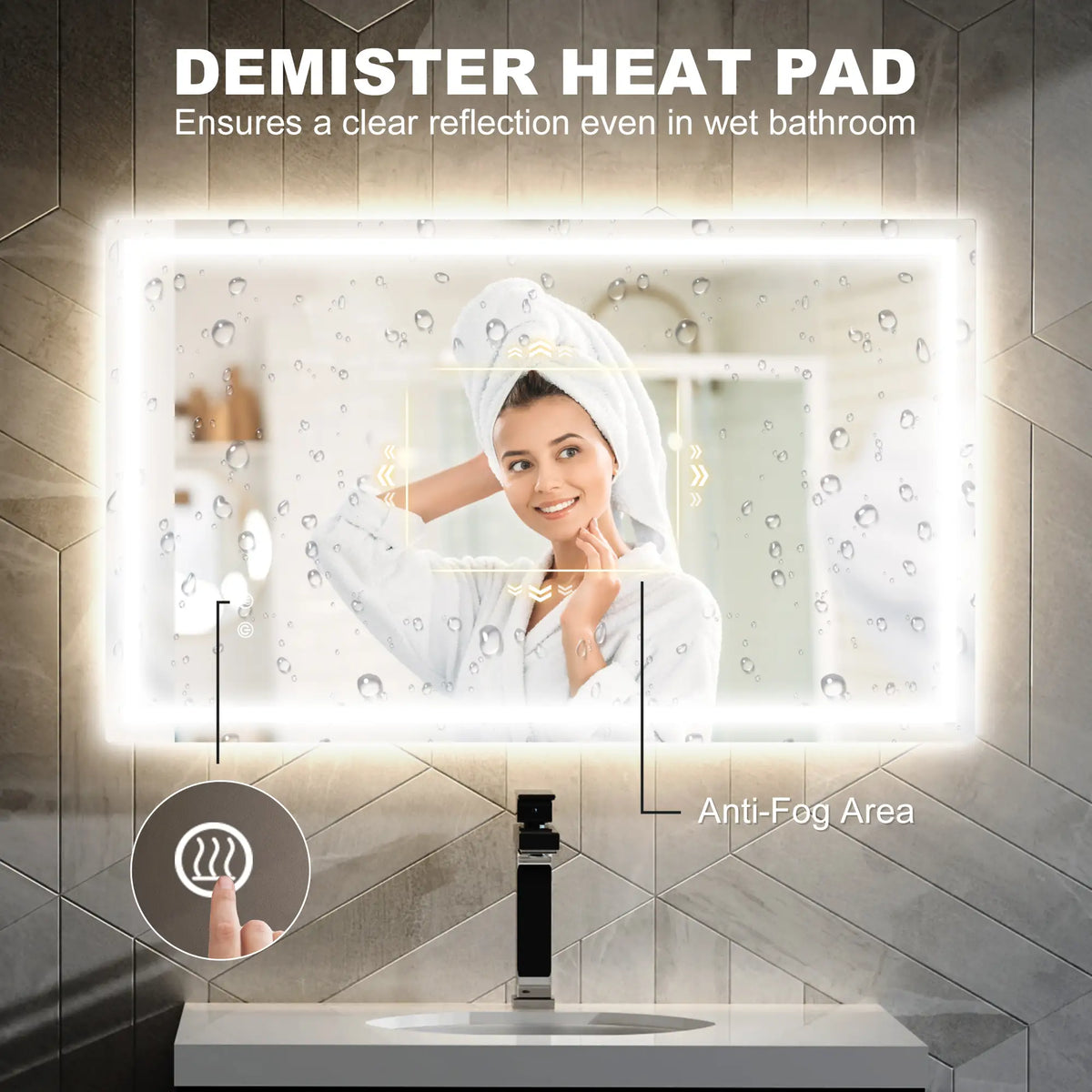 39" x 24" Miroir de Salle de Bain LED, Monté au Mur, Anti-Buée, Bouton Tactile, Clair