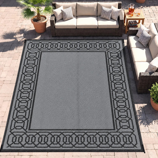 Portable Outdoor Rug, 9' x 12', Waterproof, Reversible, Black and Grey Outdoor Reversible Rugs Black and Grey at Gallery Canada