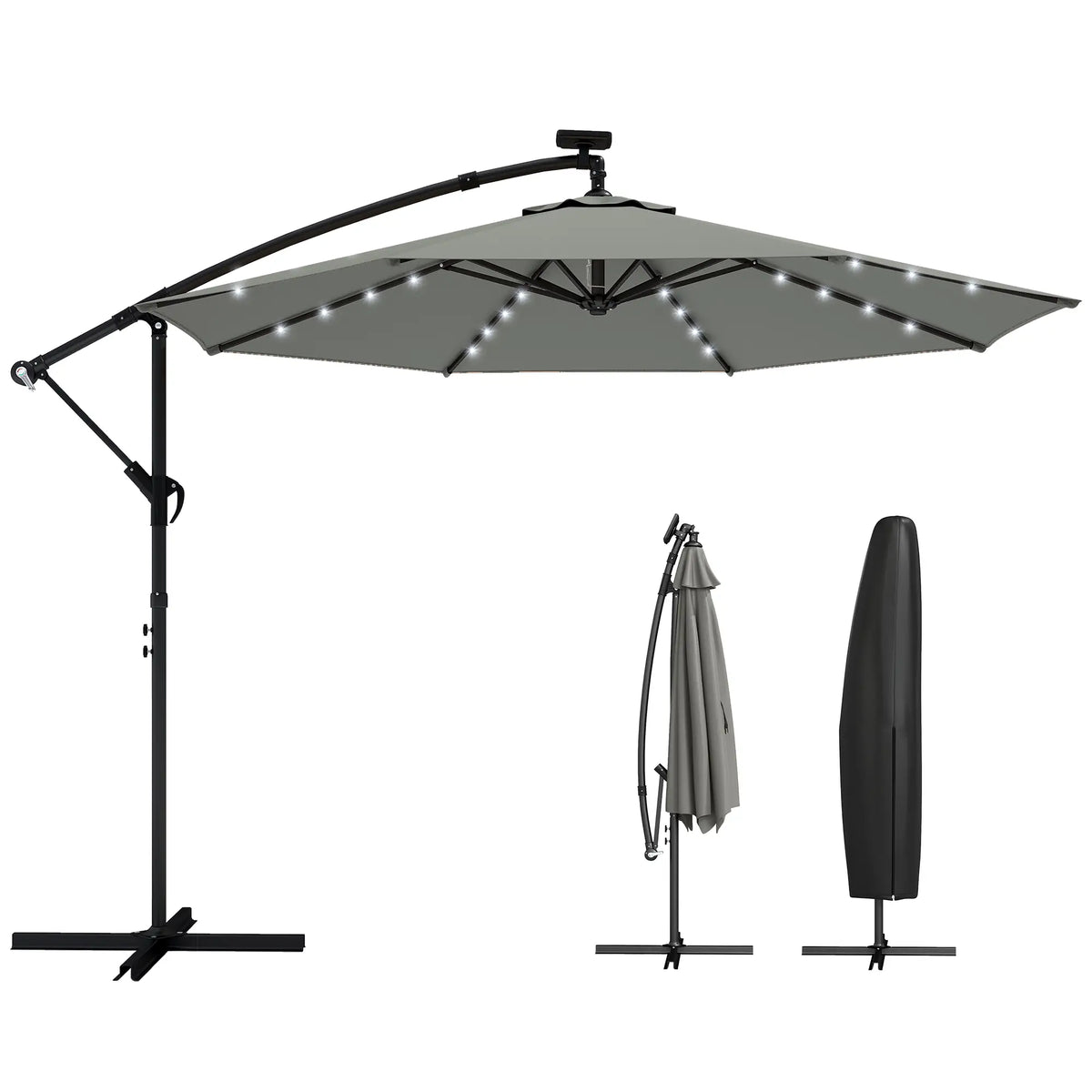 9.7 ft Cantilever Patio Umbrella, Solar Light, Tilt Crank, Grey Offset Cantilever Umbrellas at Gallery Canada