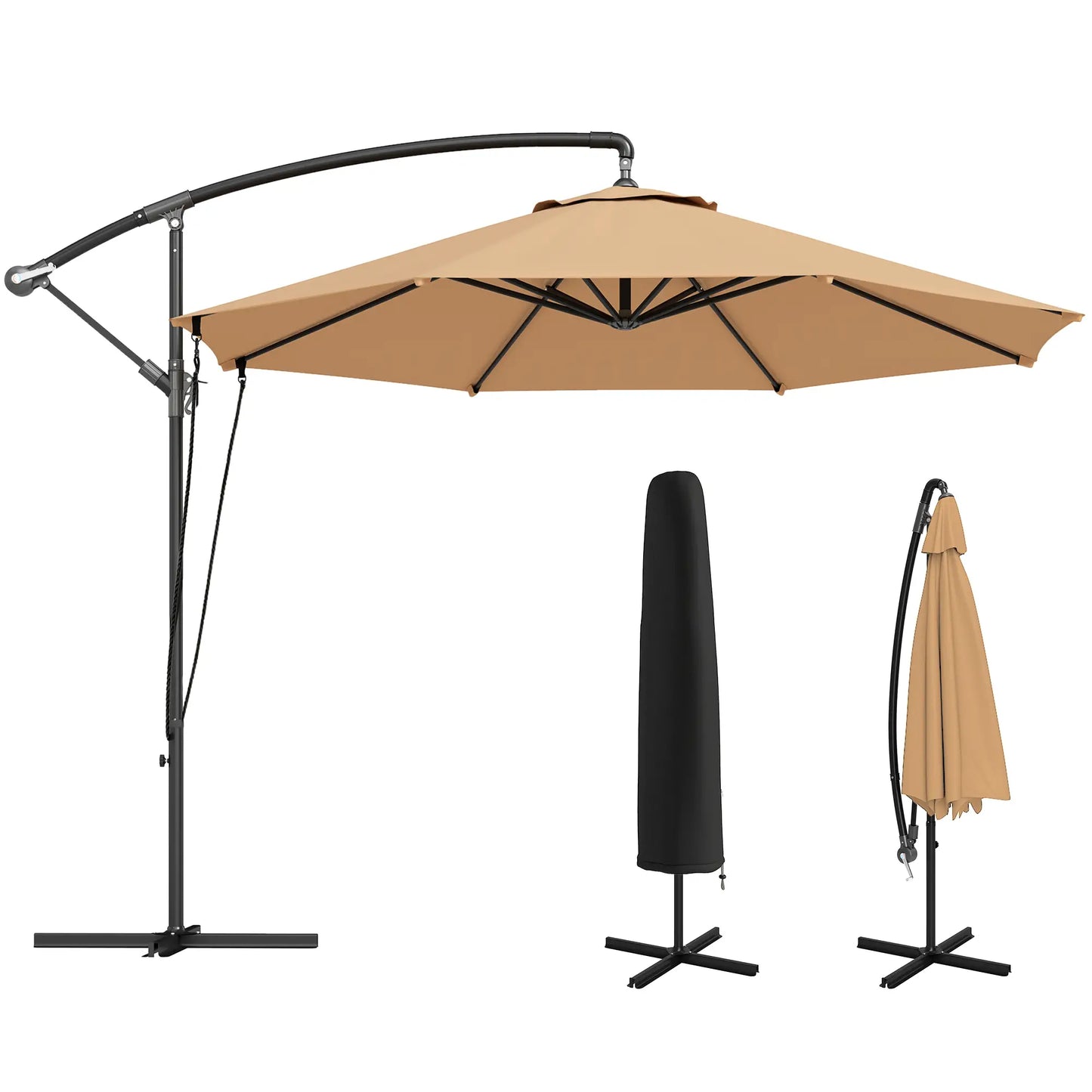 9.5' Cantilever Umbrella With Wind Strap, Cover, Crank, Cross Base, Khaki Offset Cantilever Umbrellas at Gallery Canada